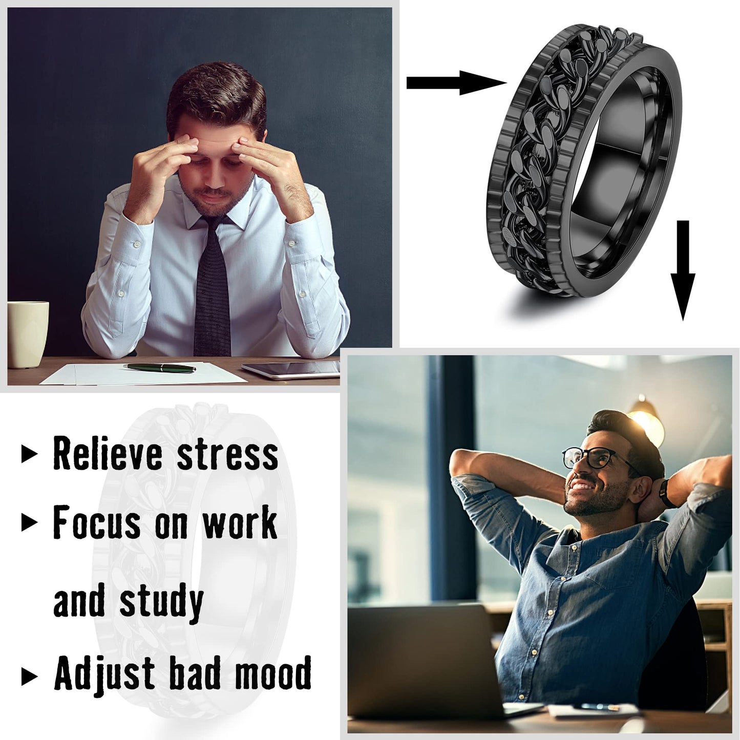 Besteel 16Pcs Stainless Steel Band Rings for Men Women Fidget Anxiety Relief Rings Cool Chain Beveled Edges Celtic Black Band Spinner Rings Set for Wedding Promise Mens Rings Pack - FocusAid Essentials: Empowering ADHD Living