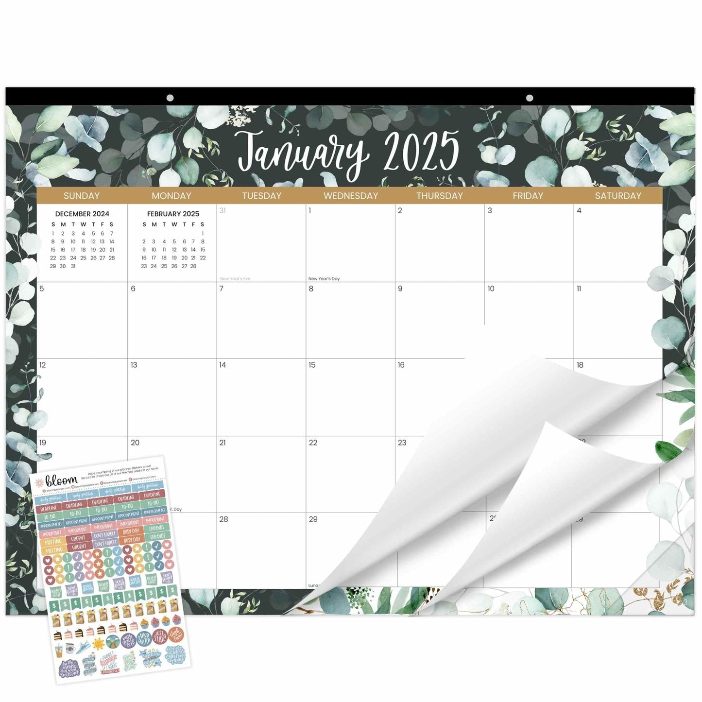 bloom daily planners 2025 Desk Calendar - 21" x 16" Large Monthly Organizer Pad with Stickers (January 2025 - December 2025) Desktop Blotter - Greenery - FocusAid Essentials: Empowering ADHD Living