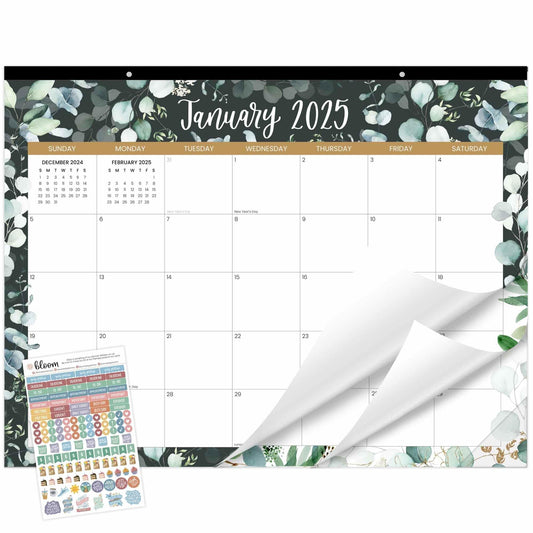 bloom daily planners 2025 Desk Calendar - 21" x 16" Large Monthly Organizer Pad with Stickers (January 2025 - December 2025) Desktop Blotter - Greenery - FocusAid Essentials: Empowering ADHD Living