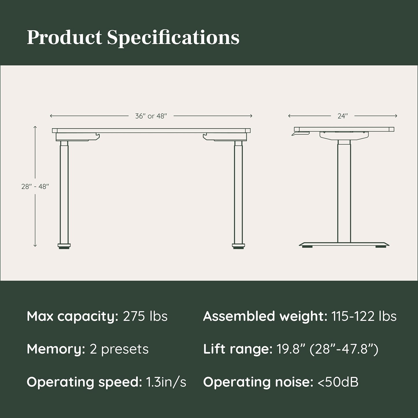 Branch Duo Standing Desk 48 Inches - Adjustable Standing Desk with 20” Range - OLED Control Panel - Frameless Design & Compact Size Suitable for Many Spaces - White Base - Charcoal Top - FocusAid Essentials: Empowering ADHD Living