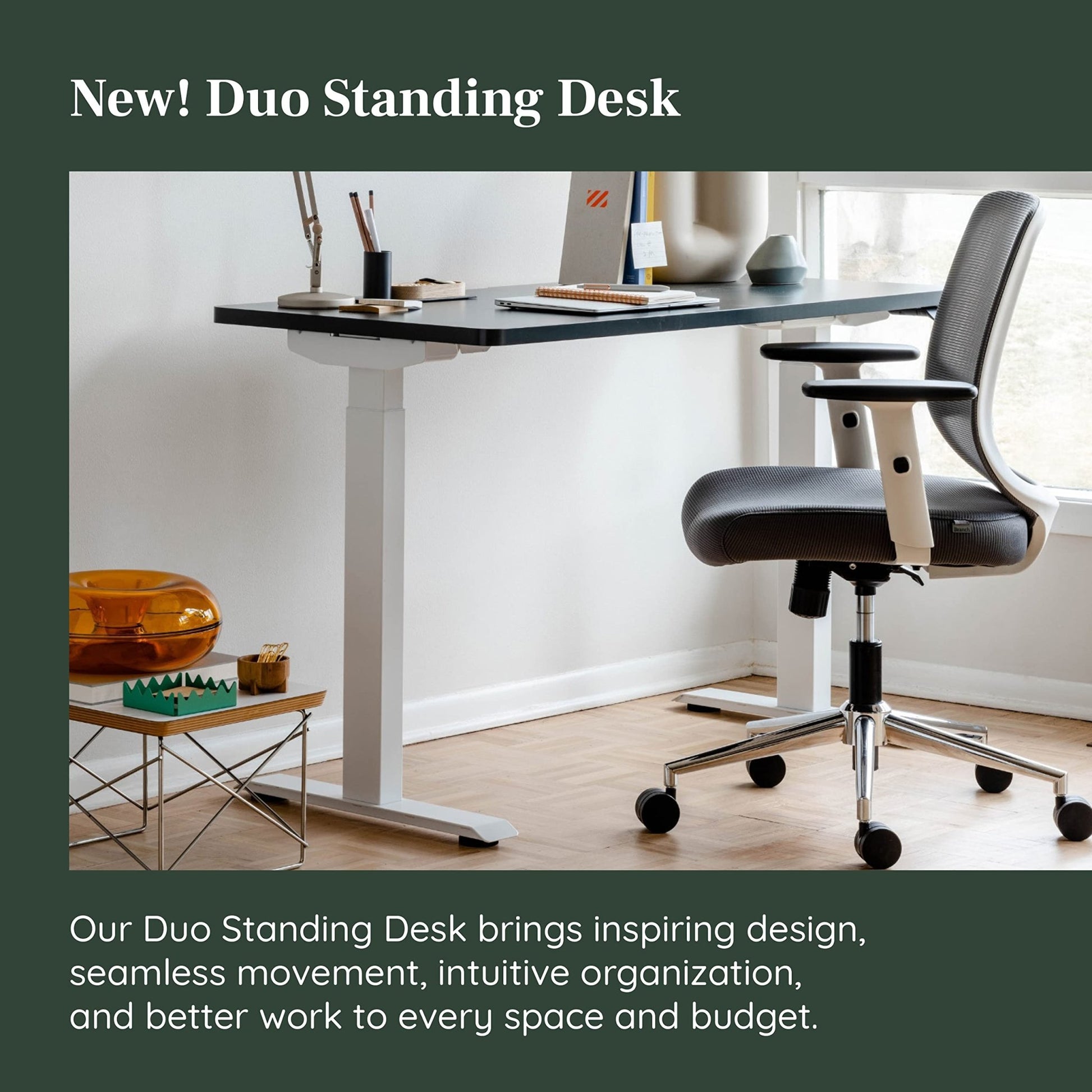 Branch Duo Standing Desk 48 Inches - Adjustable Standing Desk with 20” Range - OLED Control Panel - Frameless Design & Compact Size Suitable for Many Spaces - White Base - Charcoal Top - FocusAid Essentials: Empowering ADHD Living