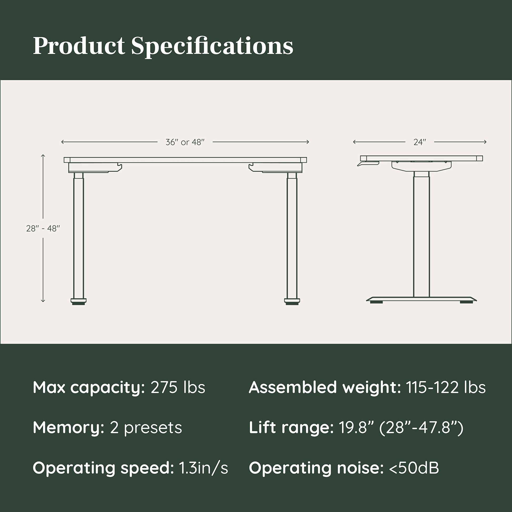 Branch Duo Standing Desk 48 Inches - Adjustable Standing Desk with 20” Range - OLED Control Panel - Frameless Design & Compact Size Suitable for Many Spaces - White Base - White Top - FocusAid Essentials: Empowering ADHD Living