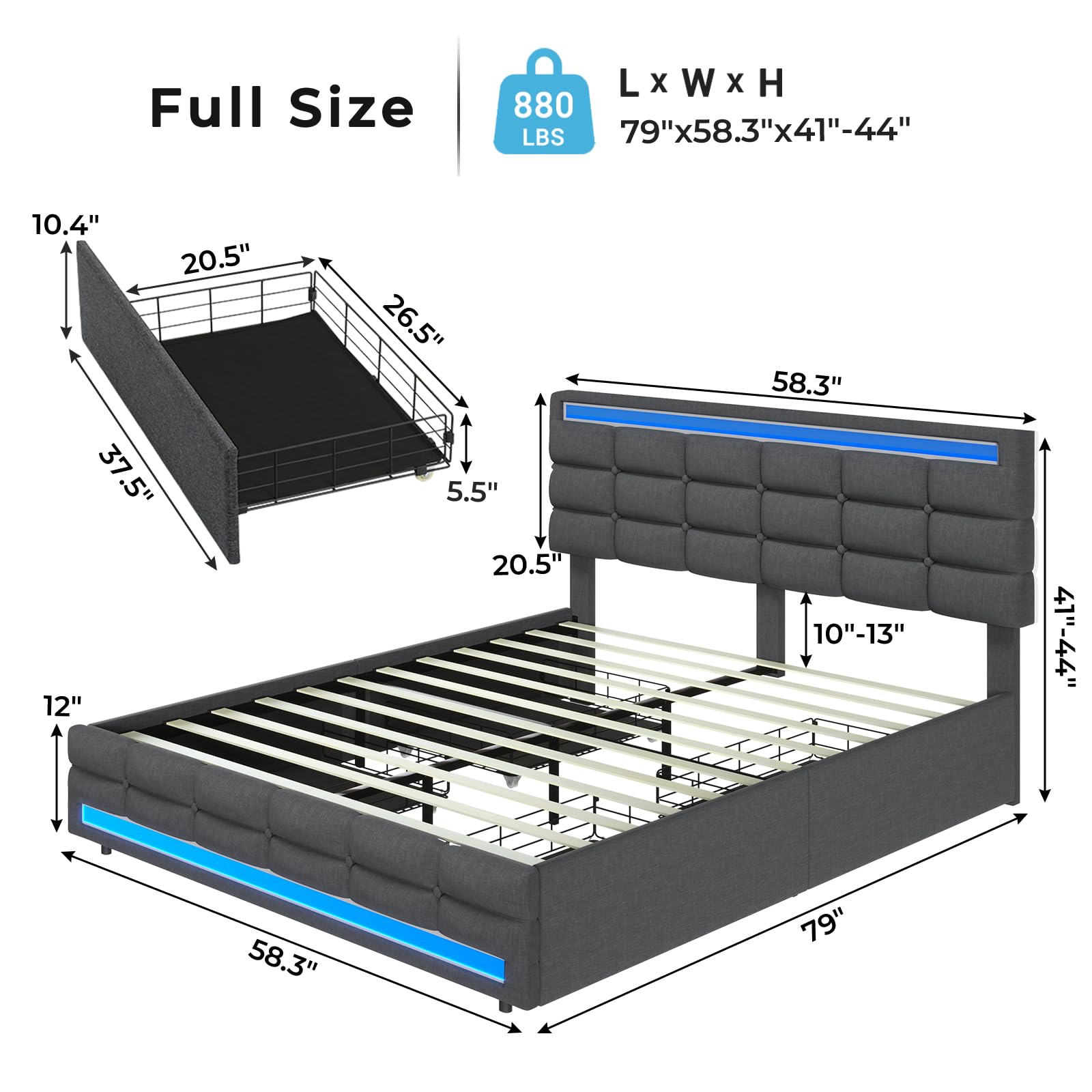 BTHFST Full Bed Frame with LED Lights & 2 USB Charging Station,Full Size Bed Frame with Adjustable Headboard,Bed Frame with Drawers,No Box Spring Needed,Noise Free,Dark Grey - FocusAid Essentials: Empowering ADHD Living