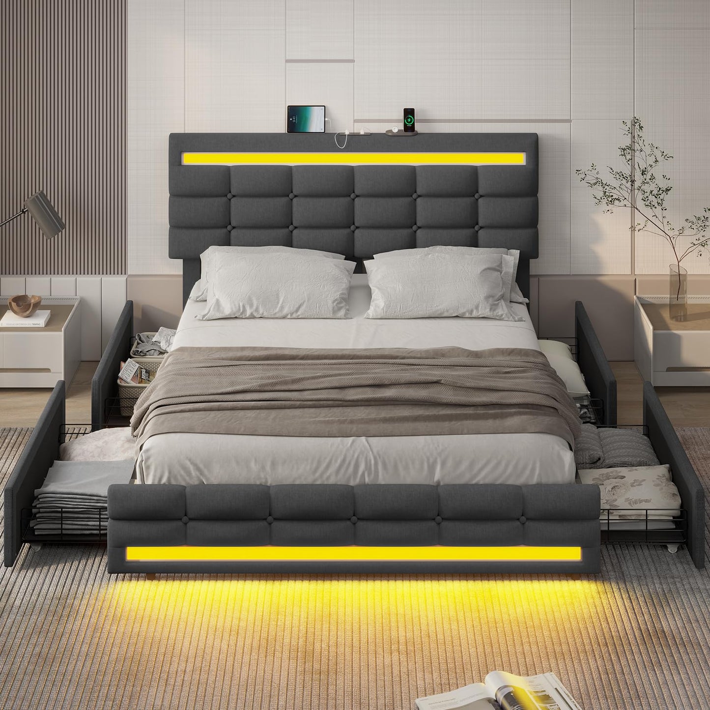 BTHFST Full Bed Frame with LED Lights & 2 USB Charging Station,Full Size Bed Frame with Adjustable Headboard,Bed Frame with Drawers,No Box Spring Needed,Noise Free,Dark Grey - FocusAid Essentials: Empowering ADHD Living