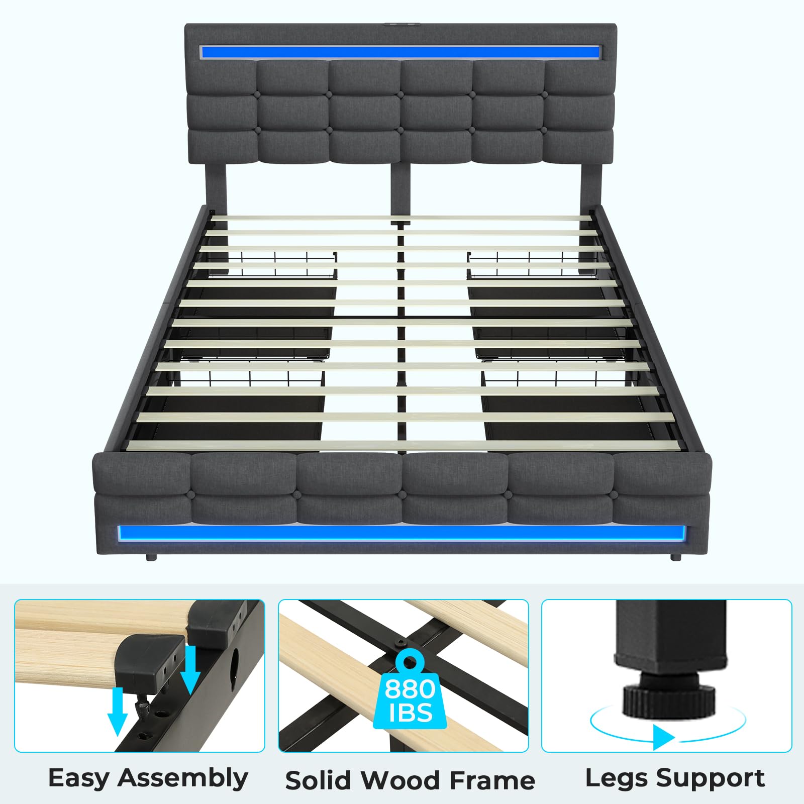 BTHFST Full Bed Frame with LED Lights & 2 USB Charging Station,Full Size Bed Frame with Adjustable Headboard,Bed Frame with Drawers,No Box Spring Needed,Noise Free,Dark Grey - FocusAid Essentials: Empowering ADHD Living