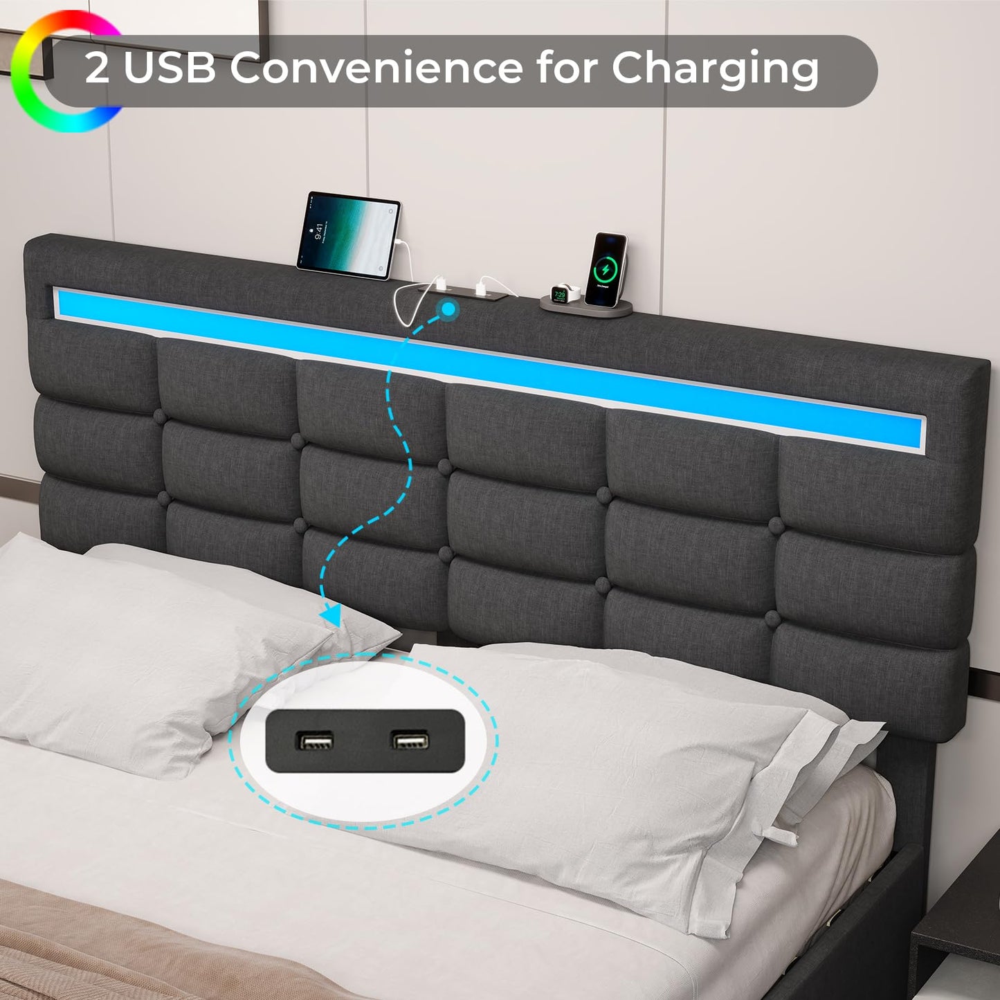 BTHFST Full Bed Frame with LED Lights & 2 USB Charging Station,Full Size Bed Frame with Adjustable Headboard,Bed Frame with Drawers,No Box Spring Needed,Noise Free,Dark Grey - FocusAid Essentials: Empowering ADHD Living