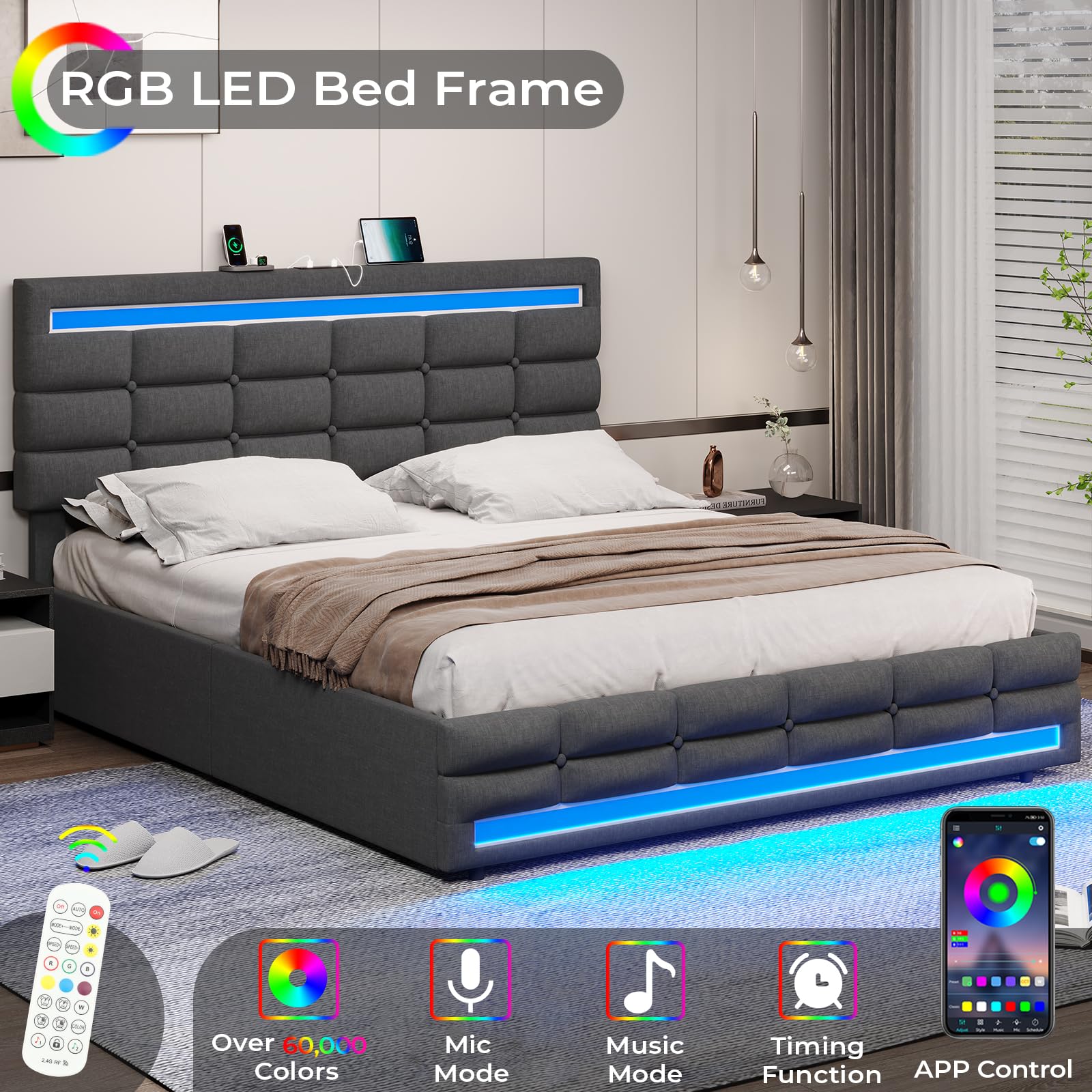 BTHFST Full Bed Frame with LED Lights & 2 USB Charging Station,Full Size Bed Frame with Adjustable Headboard,Bed Frame with Drawers,No Box Spring Needed,Noise Free,Dark Grey - FocusAid Essentials: Empowering ADHD Living