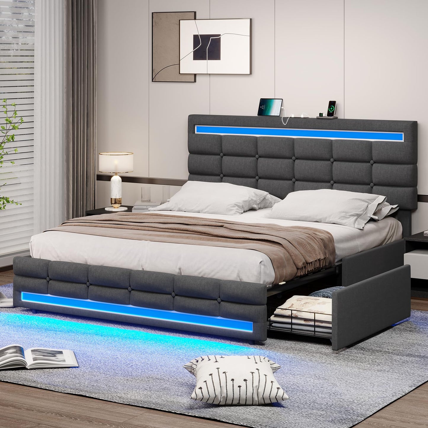 BTHFST Full Bed Frame with LED Lights & 2 USB Charging Station,Full Size Bed Frame with Adjustable Headboard,Bed Frame with Drawers,No Box Spring Needed,Noise Free,Dark Grey - FocusAid Essentials: Empowering ADHD Living