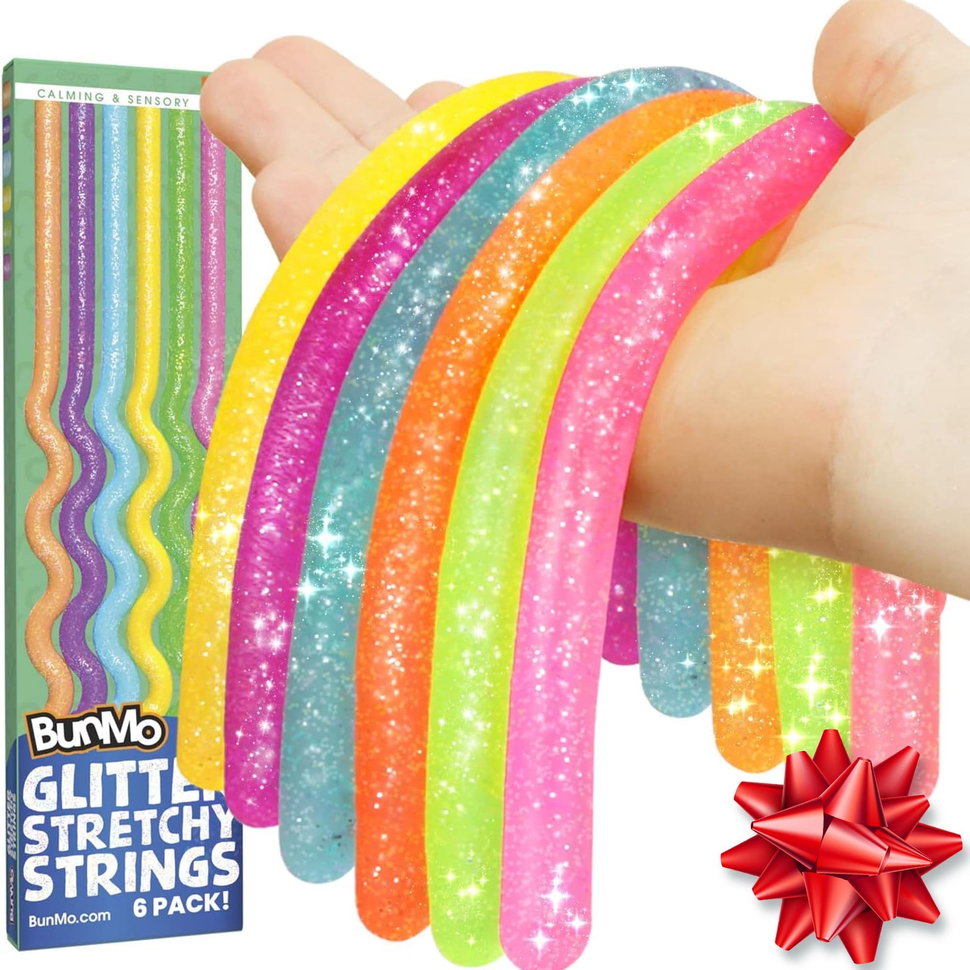 BUNMO Stocking Stuffers for Kids - Stretchy Sensory Strings - Stimulating & Addictive Sensory Toys for Kids - Stocking Stuffers for Boys and Girls - Non Mouthable Toy - Glitter 6 Pack - FocusAid Essentials: Empowering ADHD Living