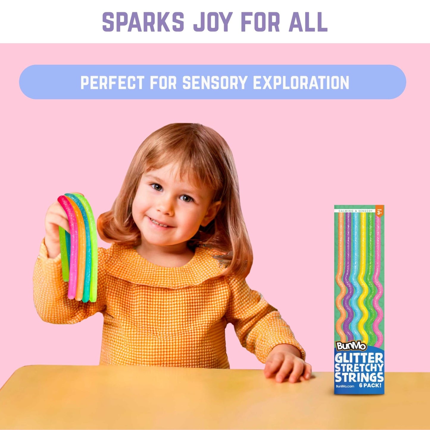 BUNMO Stocking Stuffers for Kids - Stretchy Sensory Strings - Stimulating & Addictive Sensory Toys for Kids - Stocking Stuffers for Boys and Girls - Non Mouthable Toy - Glitter 6 Pack - FocusAid Essentials: Empowering ADHD Living