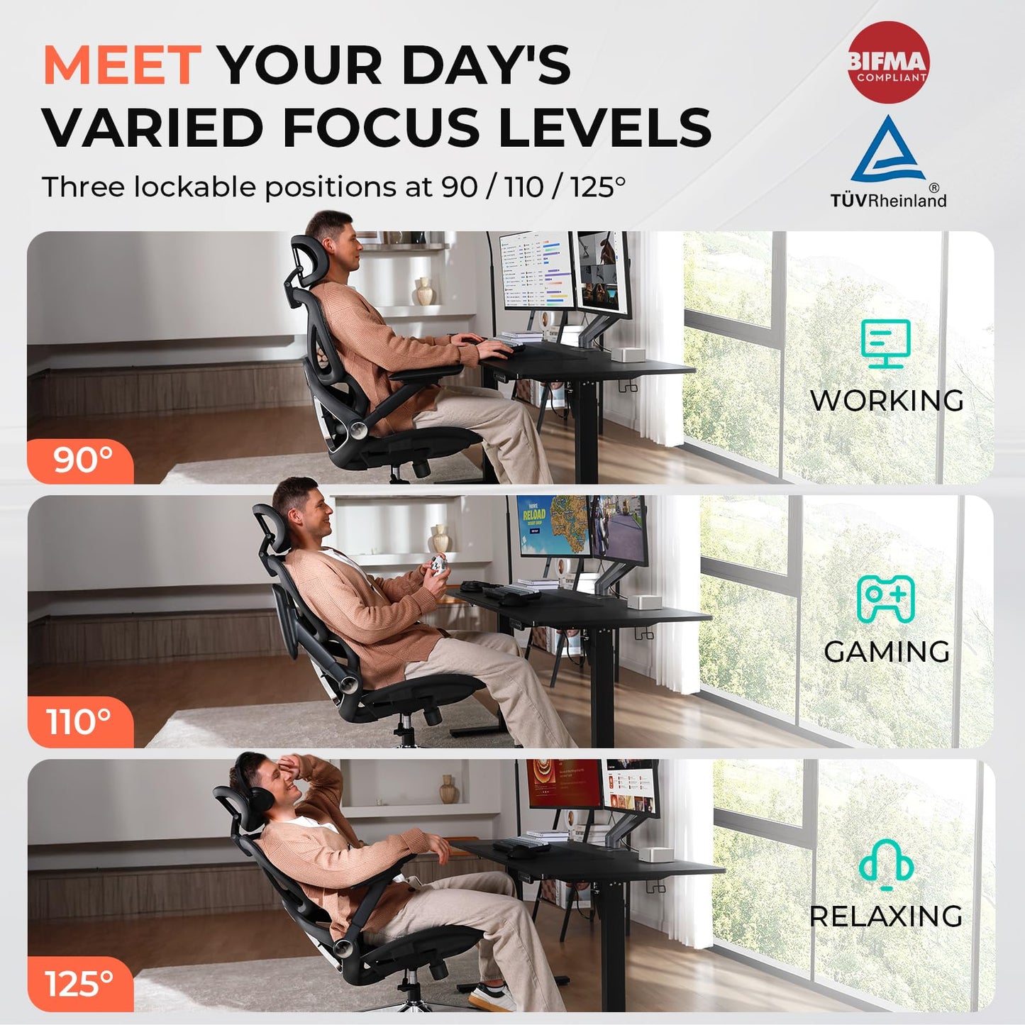 CAPOT Ergonomic Mesh Office Chair, Adjustable Lumbar High Back Desk Chair 400lbs, 4D Flip - up Arms, 3 - Level Tilt Backrest, 3D Headrest, PU Wheels, Swivel Rolling Computer Chair for Long Desk Work - FocusAid Essentials: Empowering ADHD Living