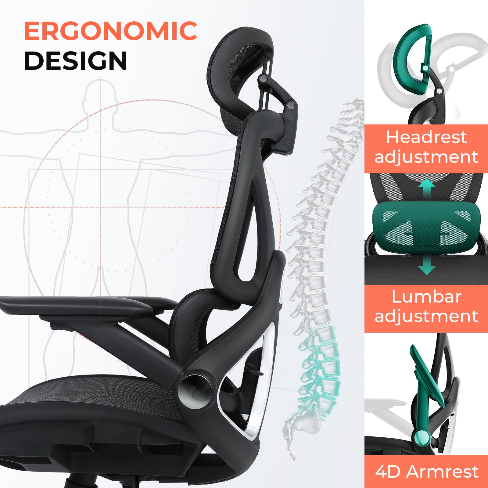 CAPOT Ergonomic Mesh Office Chair, Adjustable Lumbar High Back Desk Chair 400lbs, 4D Flip - up Arms, 3 - Level Tilt Backrest, 3D Headrest, PU Wheels, Swivel Rolling Computer Chair for Long Desk Work - FocusAid Essentials: Empowering ADHD Living