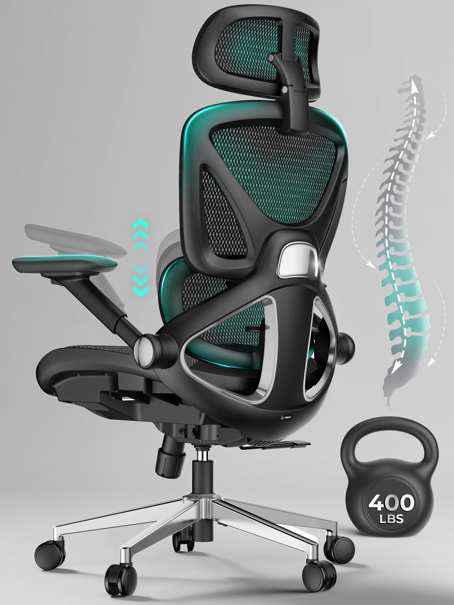 CAPOT Ergonomic Mesh Office Chair, Adjustable Lumbar High Back Desk Chair 400lbs, 4D Flip - up Arms, 3 - Level Tilt Backrest, 3D Headrest, PU Wheels, Swivel Rolling Computer Chair for Long Desk Work - FocusAid Essentials: Empowering ADHD Living