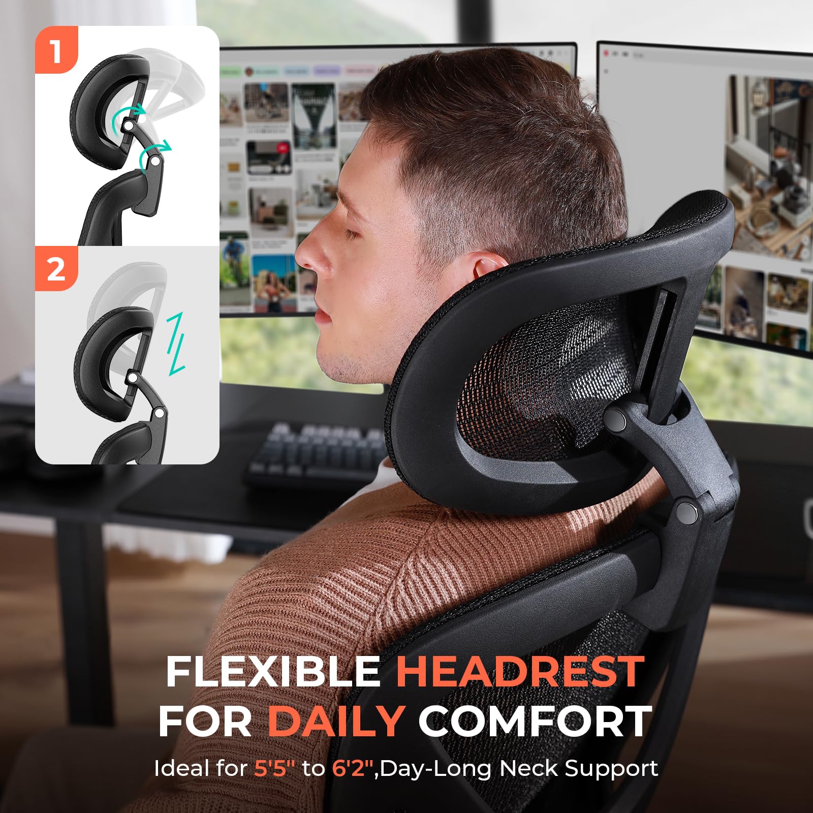 CAPOT Ergonomic Mesh Office Chair, Adjustable Lumbar High Back Desk Chair 400lbs, 4D Flip - up Arms, 3 - Level Tilt Backrest, 3D Headrest, PU Wheels, Swivel Rolling Computer Chair for Long Desk Work - FocusAid Essentials: Empowering ADHD Living