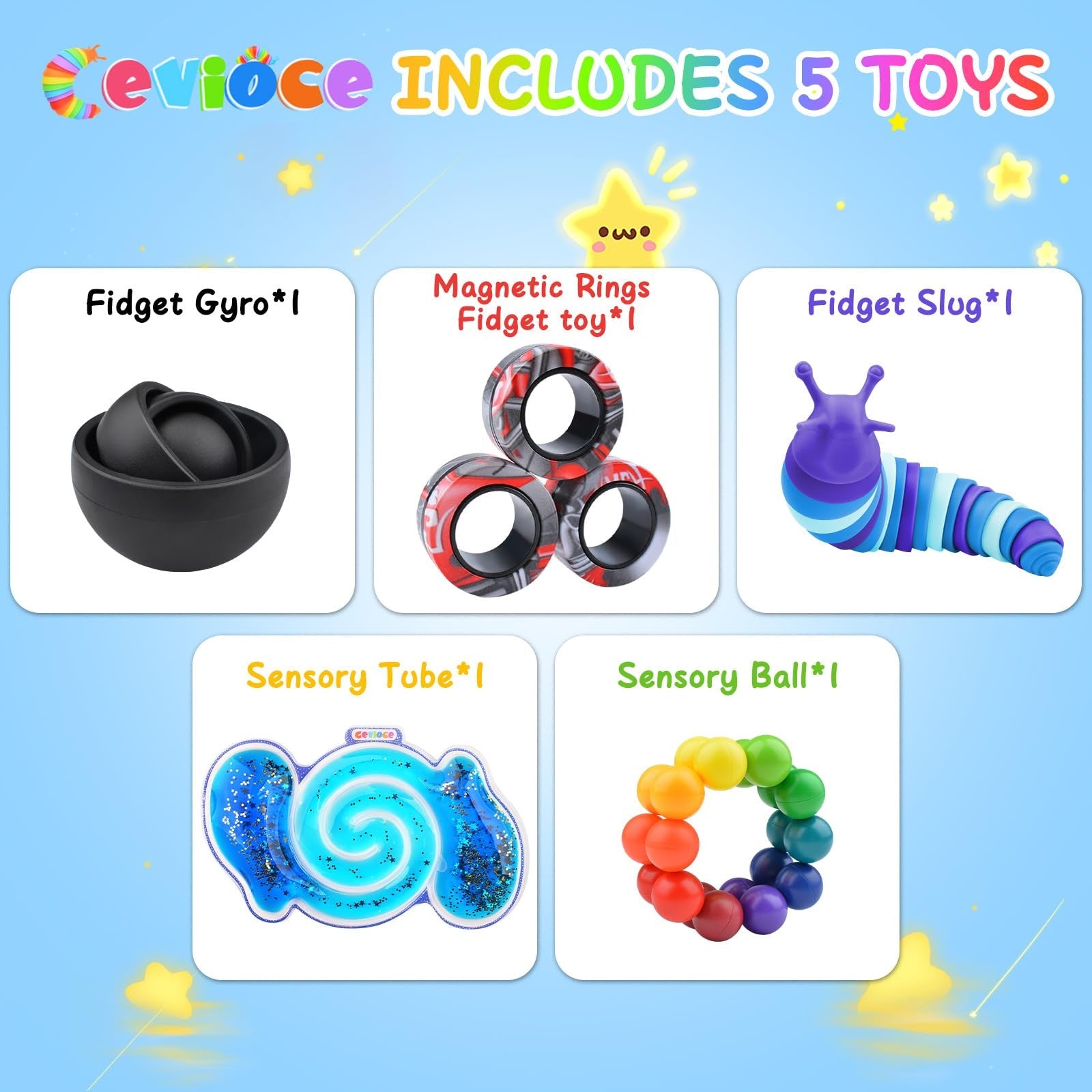 Cevioce 5Pcs Fidget Toys Adults Pack,Autism Sensory Toys with Fidget Spinner Slug Magnetic Rings,Squishy Figette Toys,Cool Gadget for Boys Teens ADHD Stress Relief,Basket Stuffers for Kids Christmas - FocusAid Essentials: Empowering ADHD Living