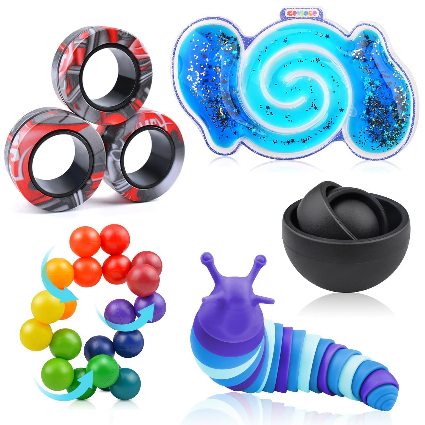 Cevioce 5Pcs Fidget Toys Adults Pack,Autism Sensory Toys with Fidget Spinner Slug Magnetic Rings,Squishy Figette Toys,Cool Gadget for Boys Teens ADHD Stress Relief,Basket Stuffers for Kids Christmas - FocusAid Essentials: Empowering ADHD Living