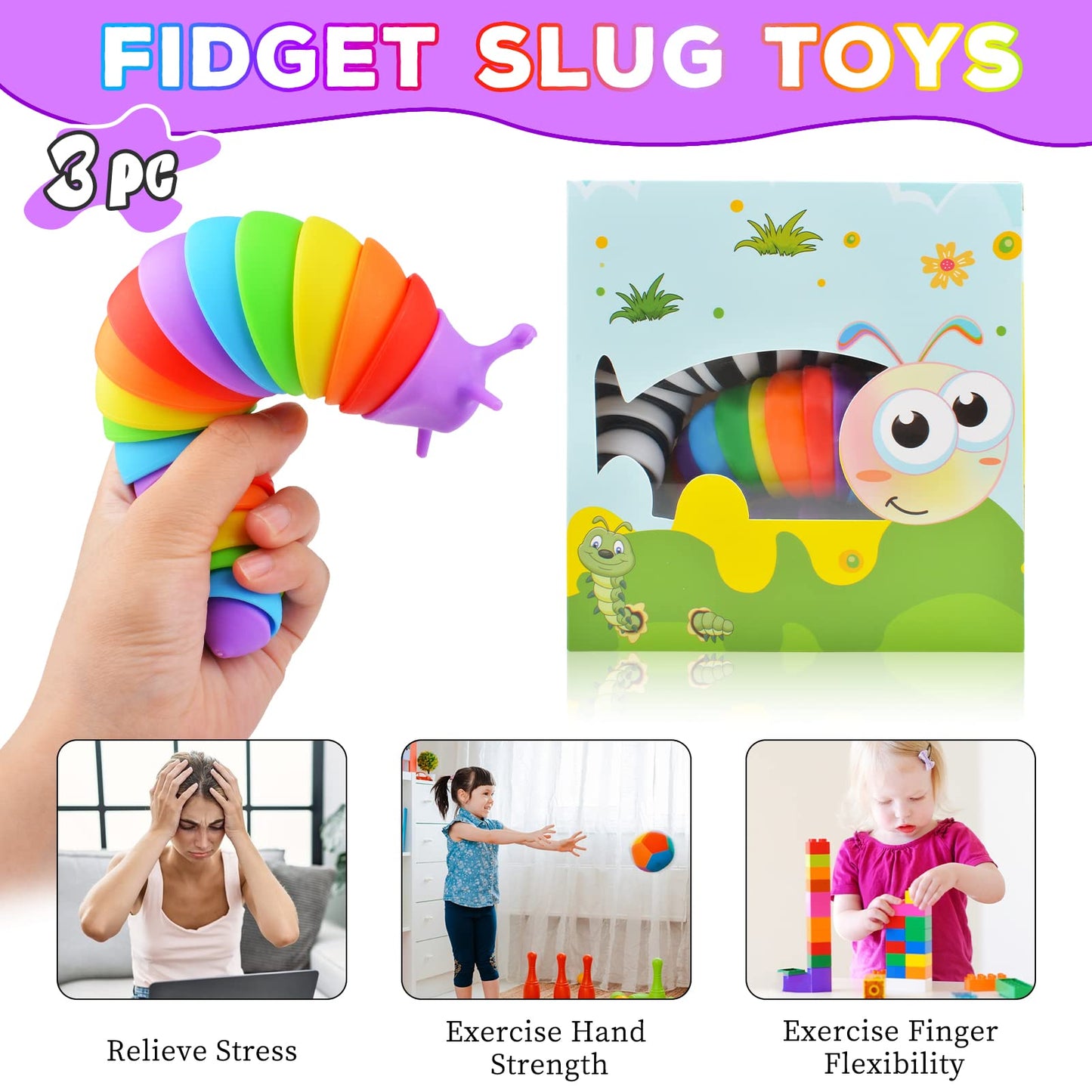 Cevioce Fidget Slug Toy, Sensory Slug Fidget Toy for Kids & Adults, 3Pcs Cute Autism Sensory Toys for Autistic Children, Toddler Stress Relief Toy｜Christmas Stocking Stuffers Gift for Kids ADHD - FocusAid Essentials: Empowering ADHD Living