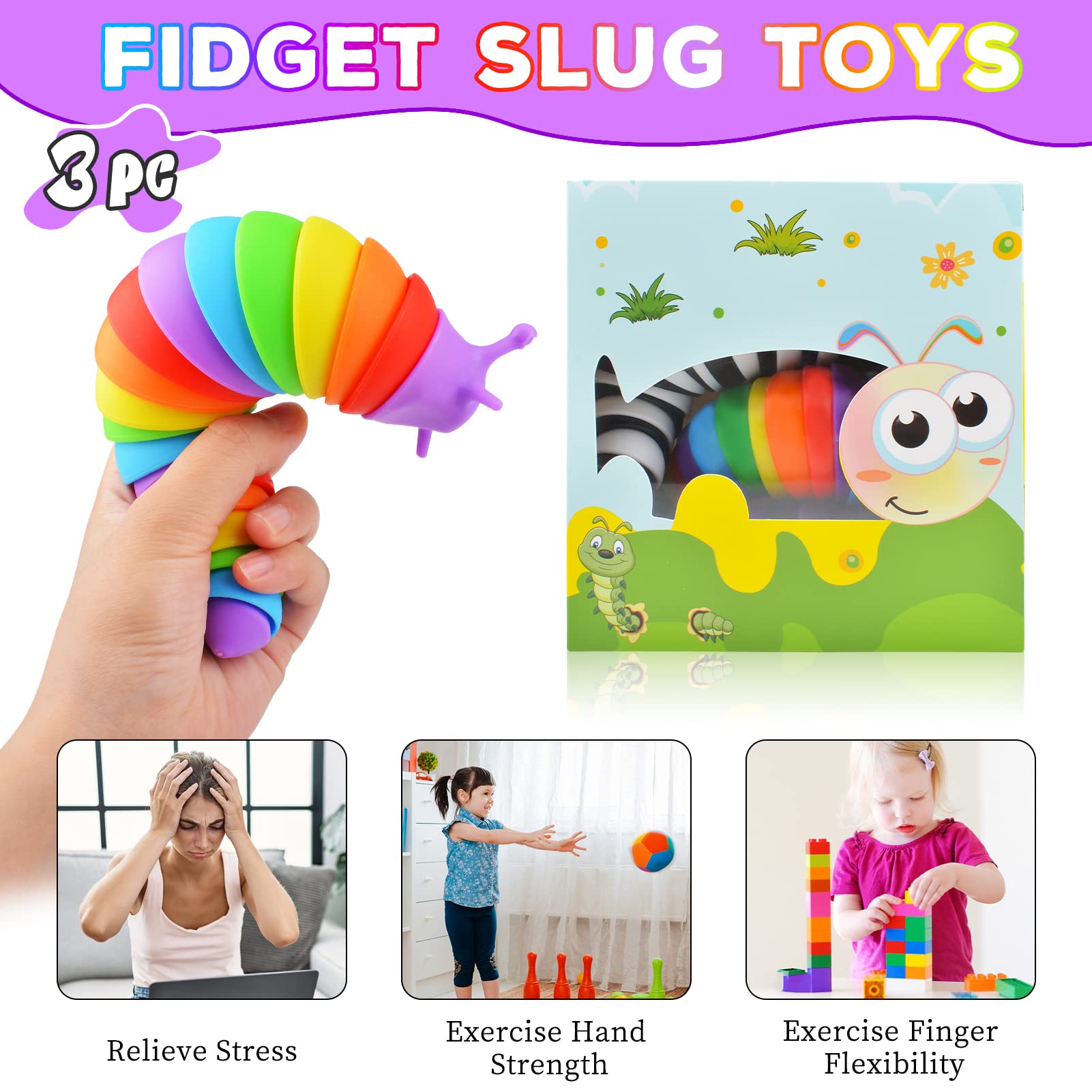 Cevioce Fidget Slug Toy, Sensory Slug Fidget Toy for Kids & Adults, 3Pcs Cute Autism Sensory Toys for Autistic Children, Toddler Stress Relief Toy｜Christmas Stocking Stuffers Gift for Kids ADHD - FocusAid Essentials: Empowering ADHD Living