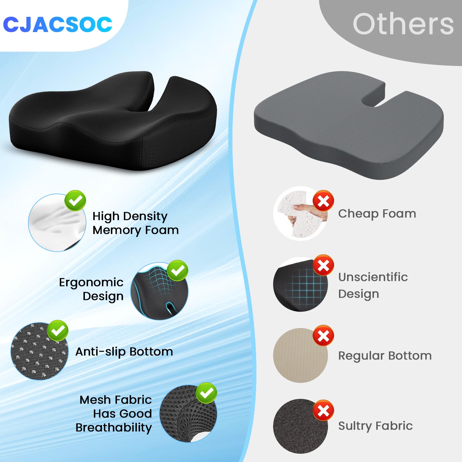 CJACSOC Seat Cushion, Extra Large Memory Foam Cushion for Office Chair Cushions, Ergonomic Cushions Pad Pillow for Pressure Relief Sciatica & Pain Relief for Long Sitting - FocusAid Essentials: Empowering ADHD Living