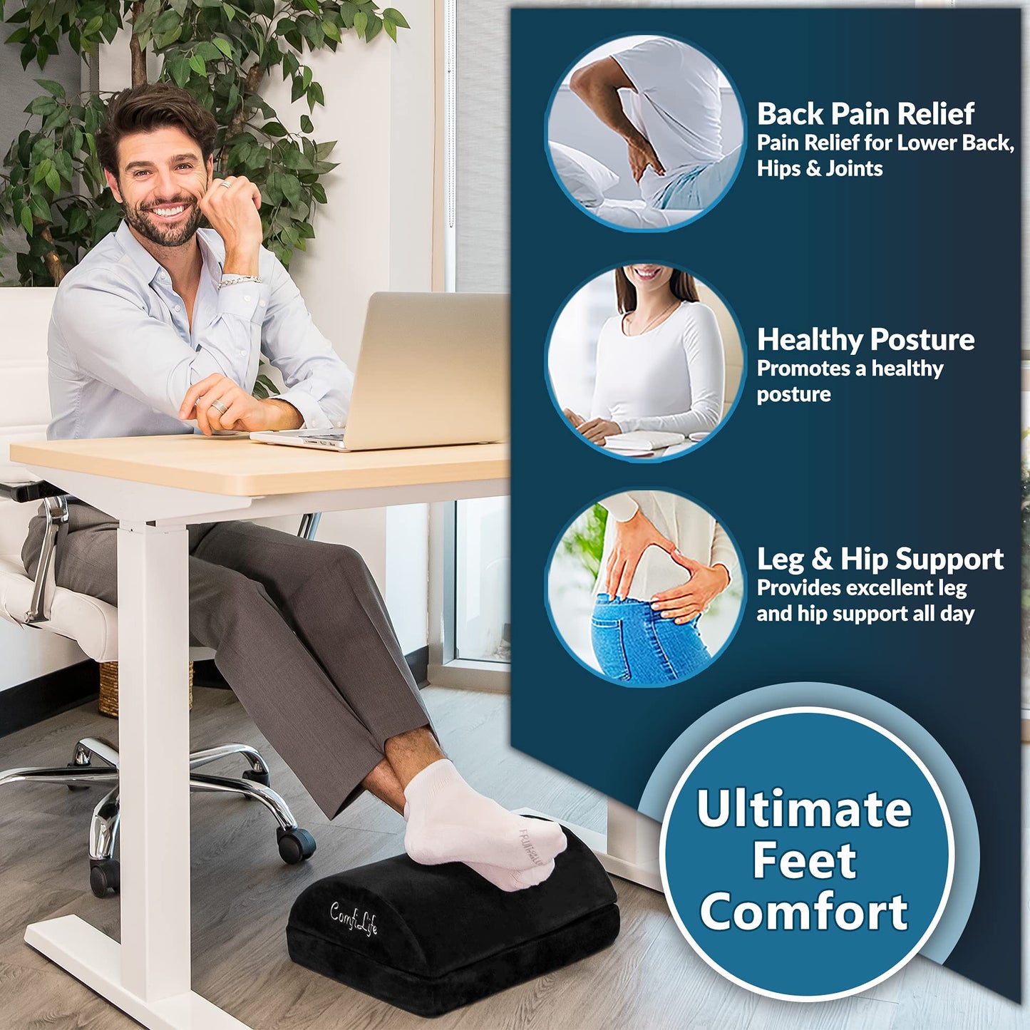 ComfiLife Ergonomic Under Desk Foot Rest for Office Use – Adjustable Height Memory Foam Foot Stool Under Desk for Office Chair & Gaming Chair – for Back & Hip Pain Relief (Black) - FocusAid Essentials: Empowering ADHD Living