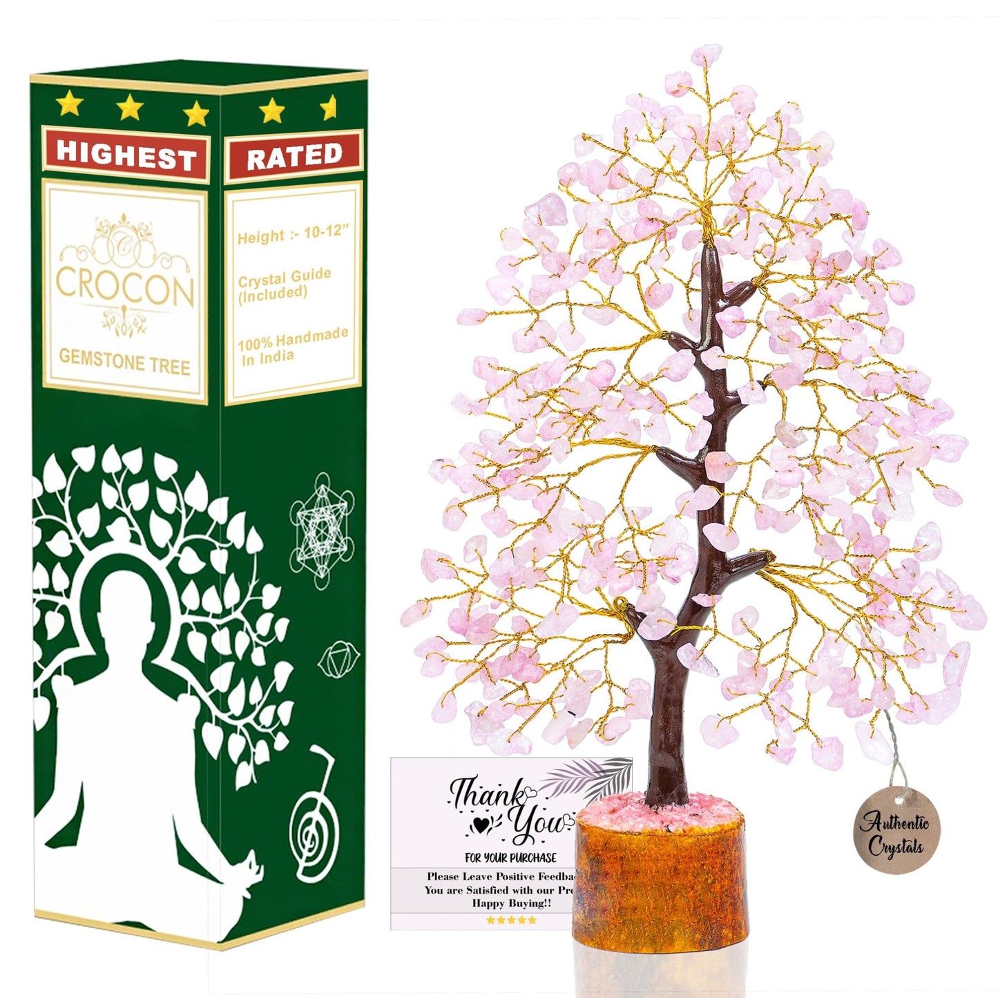 Crocon Rose Quartz Gemstone Tree Feng Shui Figurine Money Bonsai Good Luck Chakra Balancing Reiki Healing Crystals Decoration Ornament Sculpture Prosperity Table Decor Gift Size 10 - 12" - FocusAid Essentials: Empowering ADHD Living