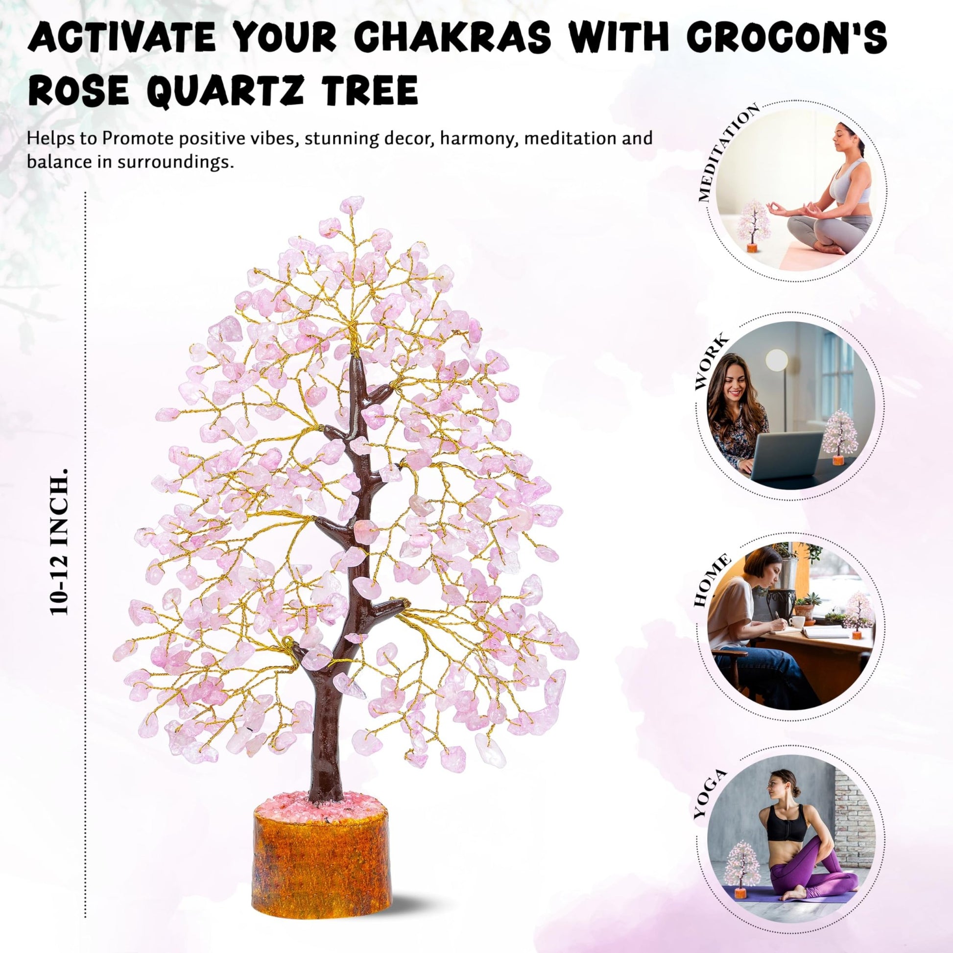 Crocon Rose Quartz Gemstone Tree Feng Shui Figurine Money Bonsai Good Luck Chakra Balancing Reiki Healing Crystals Decoration Ornament Sculpture Prosperity Table Decor Gift Size 10 - 12" - FocusAid Essentials: Empowering ADHD Living