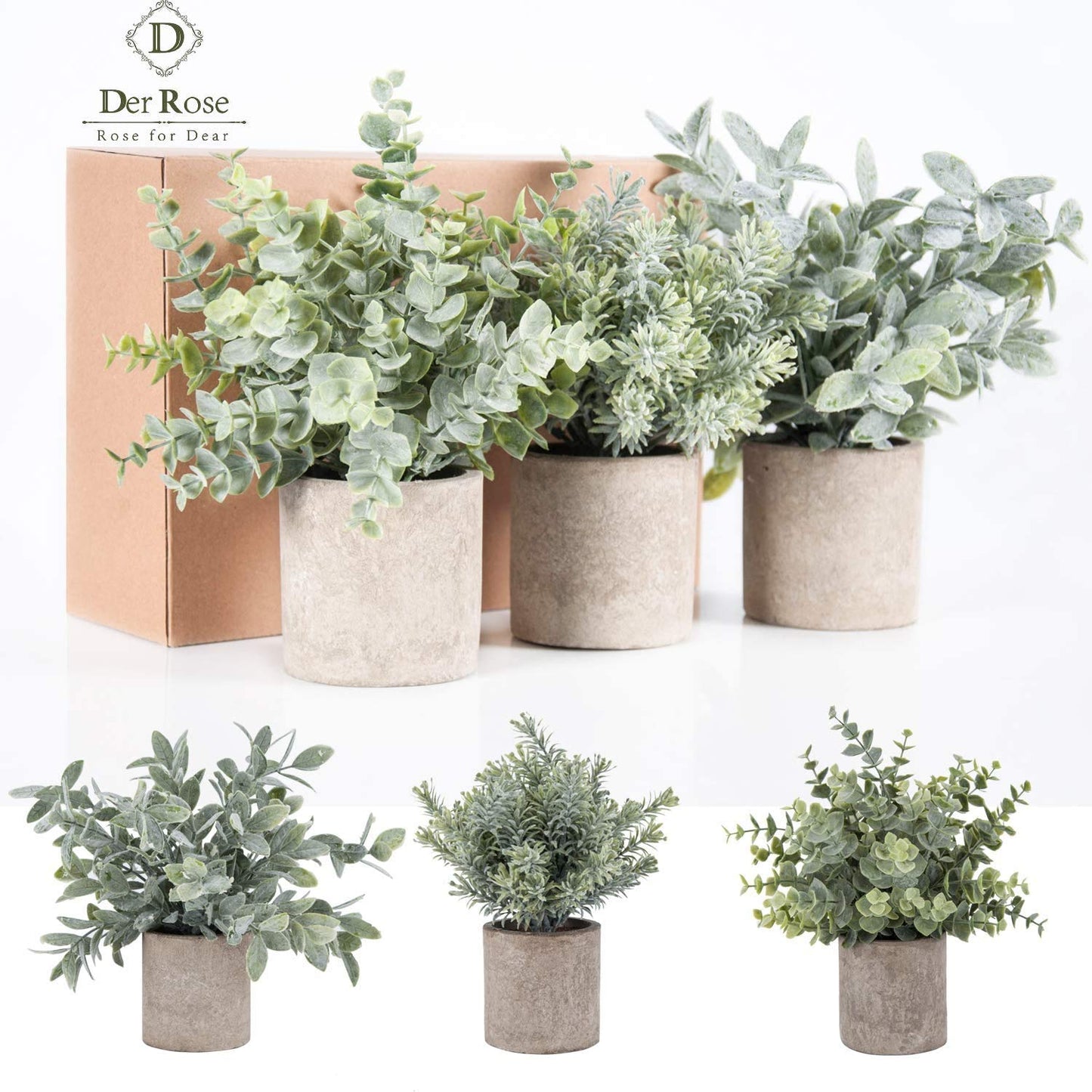 Der Rose 3 Pack Mini Potted Fake Plants Artificial Plastic Eucalyptus Plants Topiaries for Home Office Desk Farmhouse Room Decor - FocusAid Essentials: Empowering ADHD Living