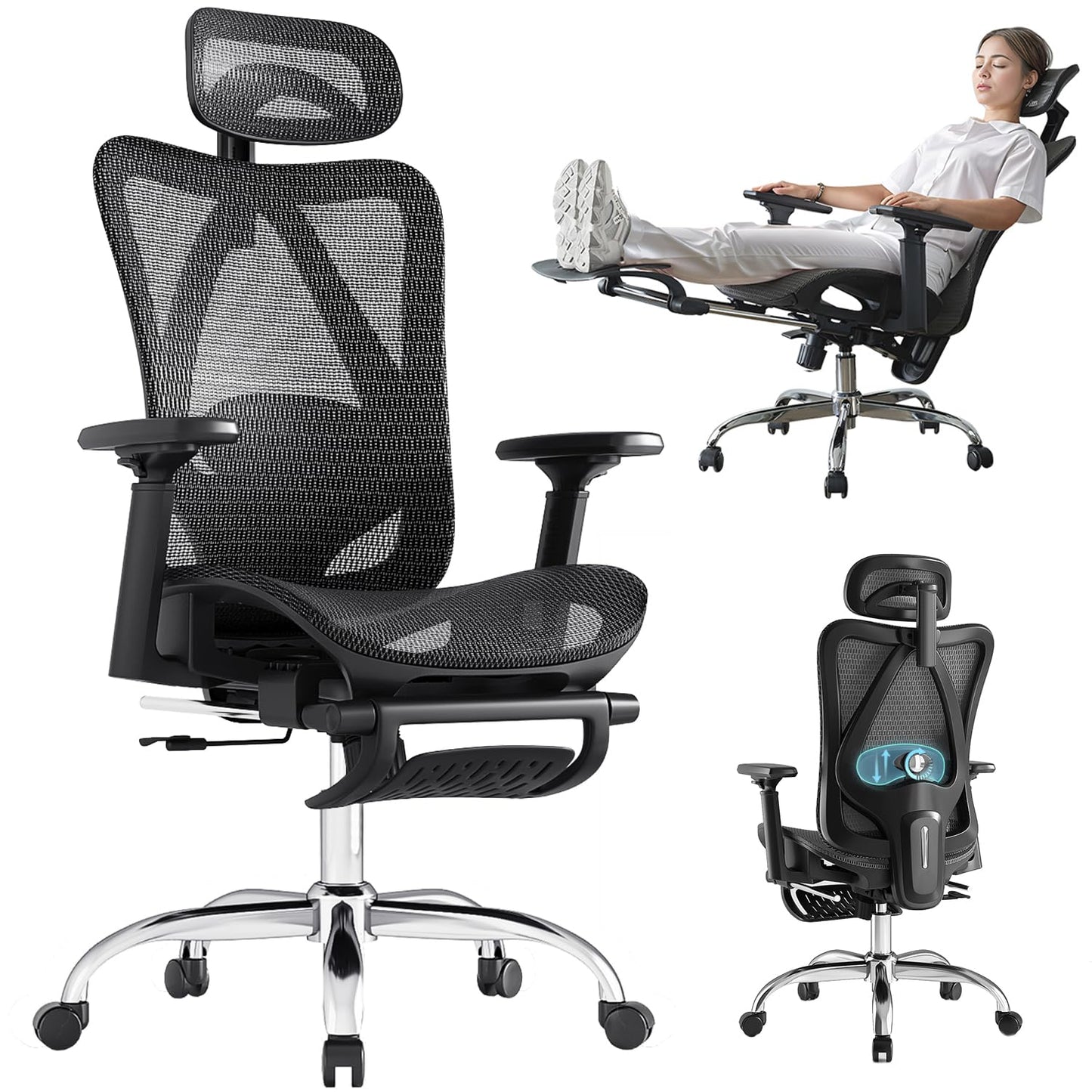 DFLIVE Ergonomic Office Chair, SGS Certified Gas Cylinder, 400 LBS Capacity, Retractable Footrest, Office Chair with Adjustable Lumbar Support, Gaming Chair, Mesh Office Chair - FocusAid Essentials: Empowering ADHD Living