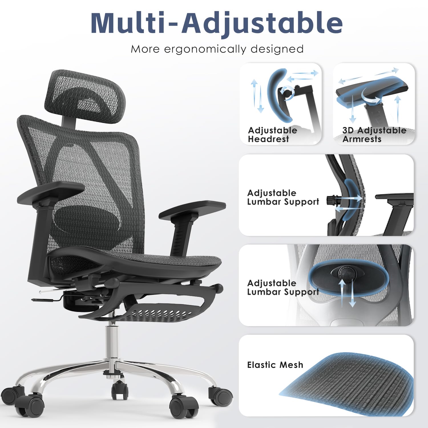 DFLIVE Ergonomic Office Chair, SGS Certified Gas Cylinder, 400 LBS Capacity, Retractable Footrest, Office Chair with Adjustable Lumbar Support, Gaming Chair, Mesh Office Chair - FocusAid Essentials: Empowering ADHD Living