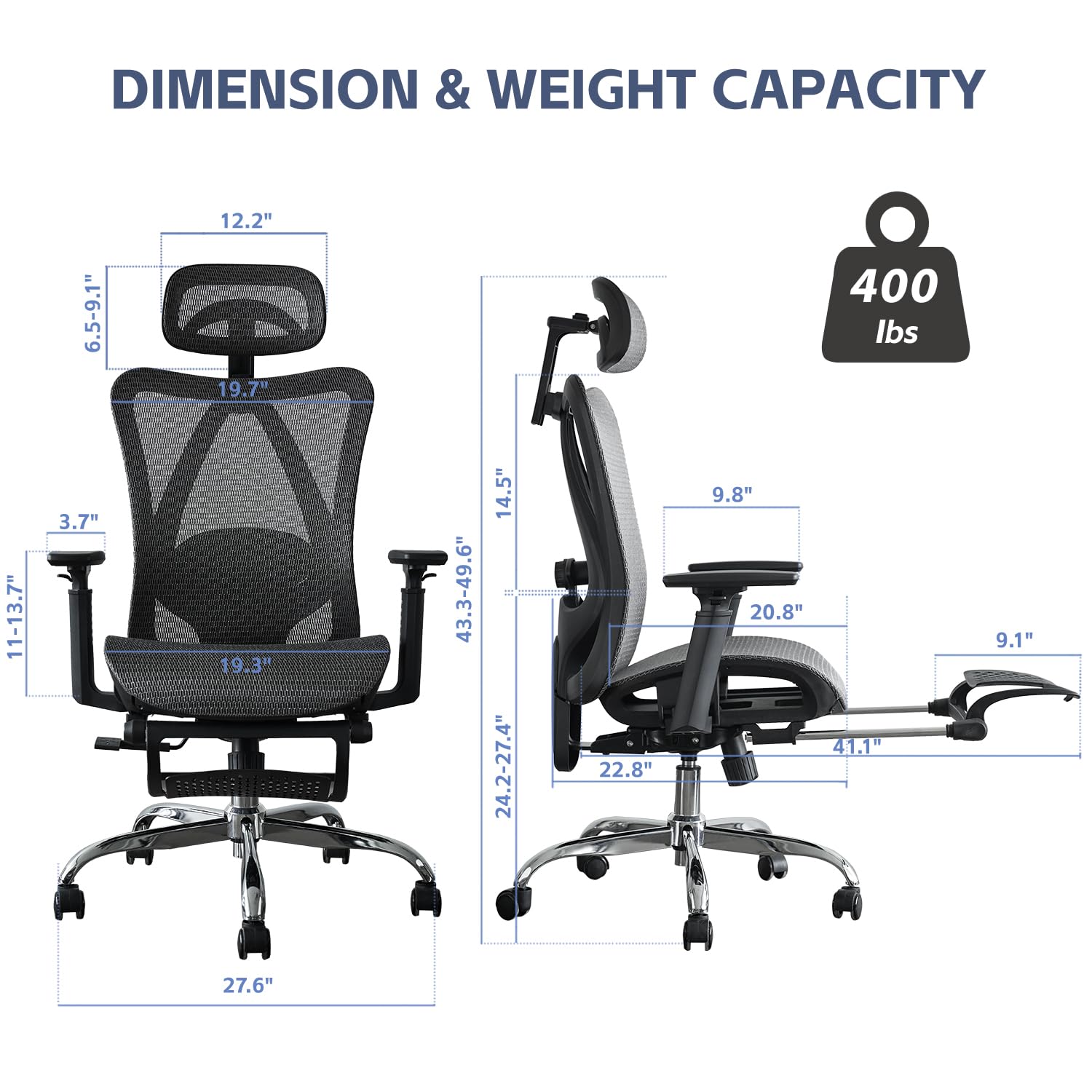 DFLIVE Ergonomic Office Chair, SGS Certified Gas Cylinder, 400 LBS Capacity, Retractable Footrest, Office Chair with Adjustable Lumbar Support, Gaming Chair, Mesh Office Chair - FocusAid Essentials: Empowering ADHD Living