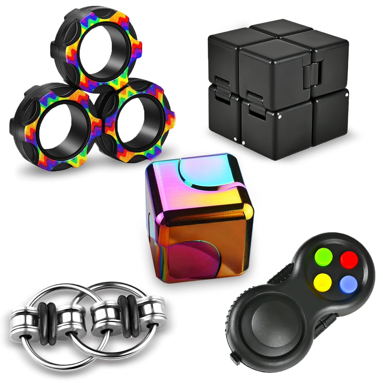 Dr.Kbder 5 Pcs Fidget Toys Adults Set, EDC Cool Desk Gadgets Office Spinner Toys for Teen Kid with Metal Fidgets Infinity Cube Figits Ring Bike Chain ADHD Stress Anxiety Relief Gift for Boys Girls - FocusAid Essentials: Empowering ADHD Living