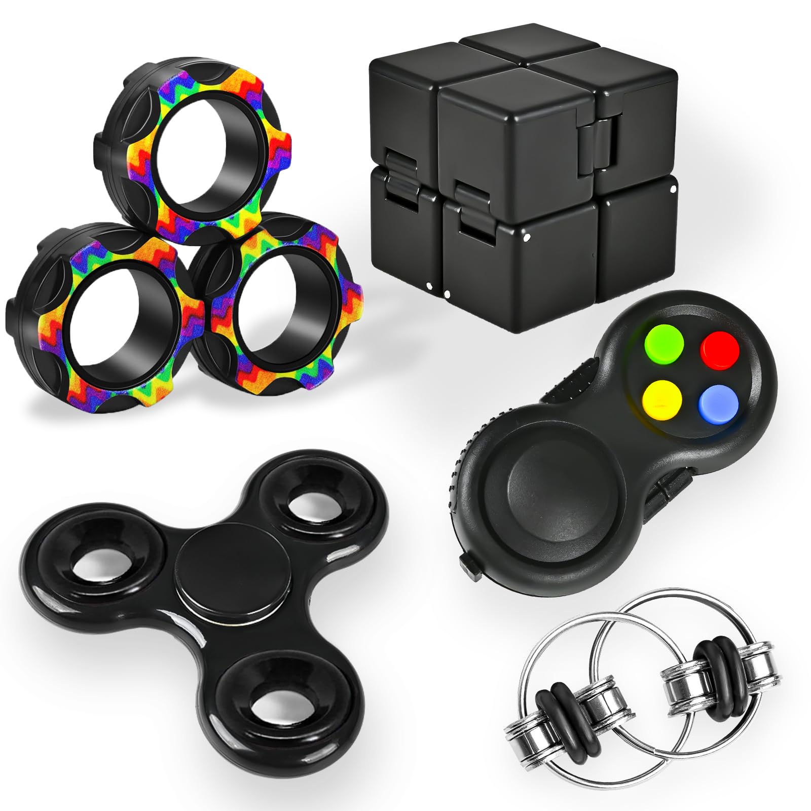 Dr.Kbder 5Pcs Fidget Toys Adults Set, Autism Sensory Pack with figette Cube Magnetic Rings Pad ADHD Stress Relief for Kids Teen, Cool Gadget Desk Spinner Christmas Stocking Stuffer - FocusAid Essentials: Empowering ADHD Living