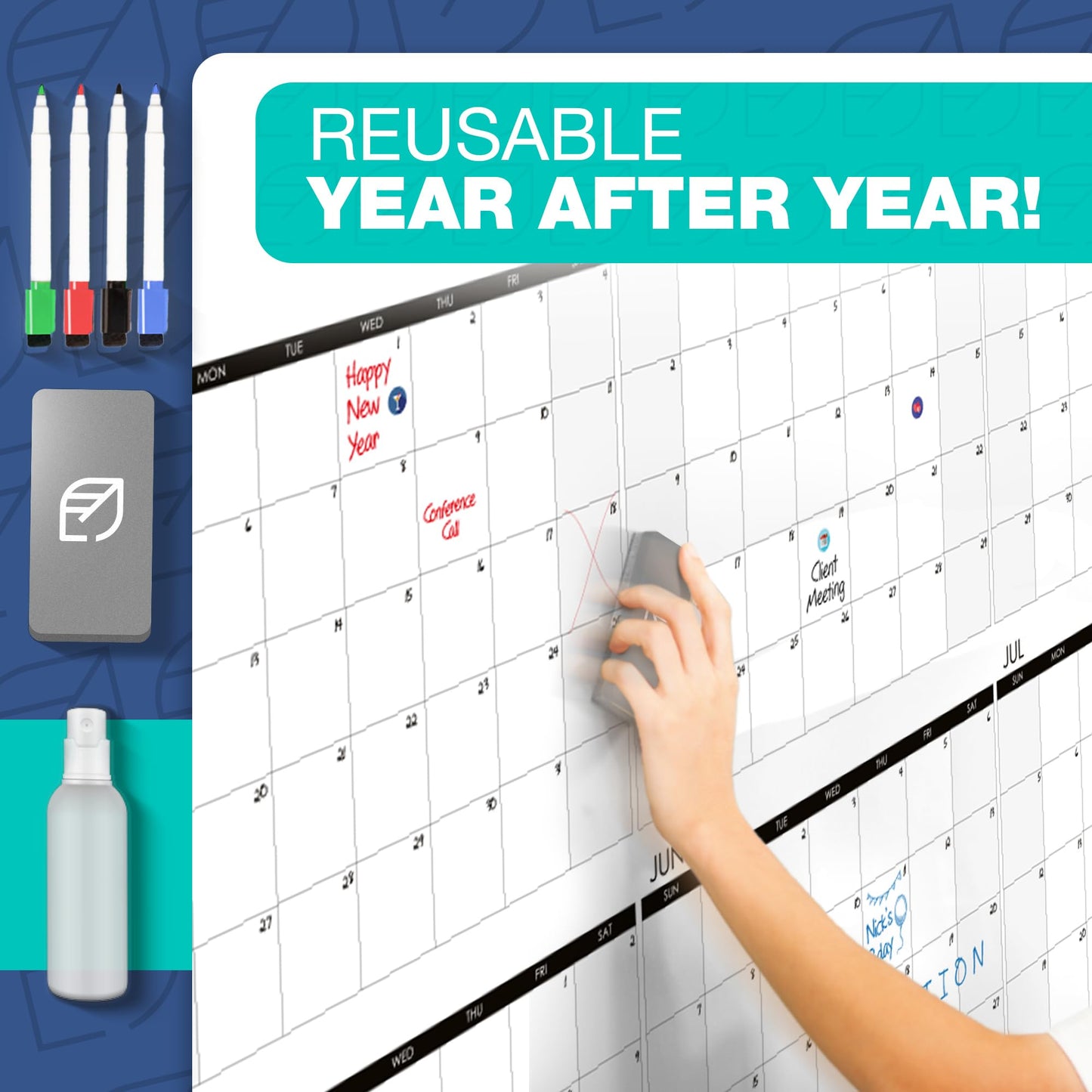 Dry Erase Calendar for Wall, 48"x74" - Undated, Reusable, Yearly - Large Whiteboard For School, Classroom & Office, Includes Markers, Eraser & Accessories - FocusAid Essentials: Empowering ADHD Living