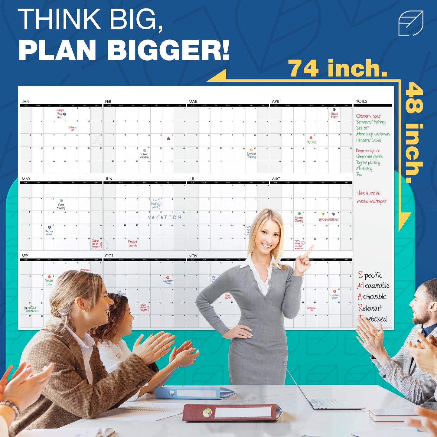 Dry Erase Calendar for Wall, 48"x74" - Undated, Reusable, Yearly - Large Whiteboard For School, Classroom & Office, Includes Markers, Eraser & Accessories - FocusAid Essentials: Empowering ADHD Living