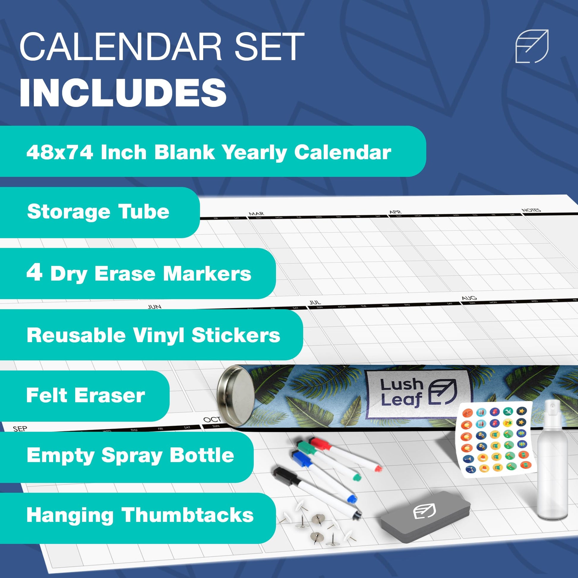 Dry Erase Calendar for Wall, 48"x74" - Undated, Reusable, Yearly - Large Whiteboard For School, Classroom & Office, Includes Markers, Eraser & Accessories - FocusAid Essentials: Empowering ADHD Living