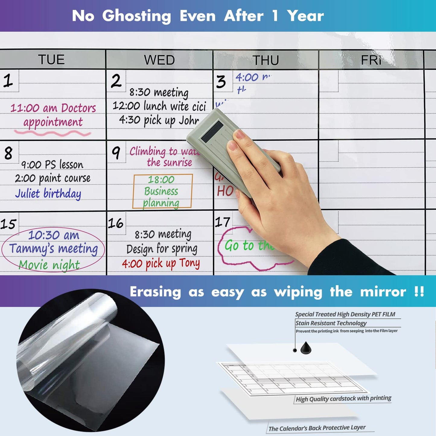 Dry Erase Four Month Laminated jumbo Wall Calendar, 46" x 63", Huge quarterly Laminated Erasable White Board, Giant 120 day Family Whiteboard Schedule Planner, Large Multi Month Reusable Poster - FocusAid Essentials: Empowering ADHD Living