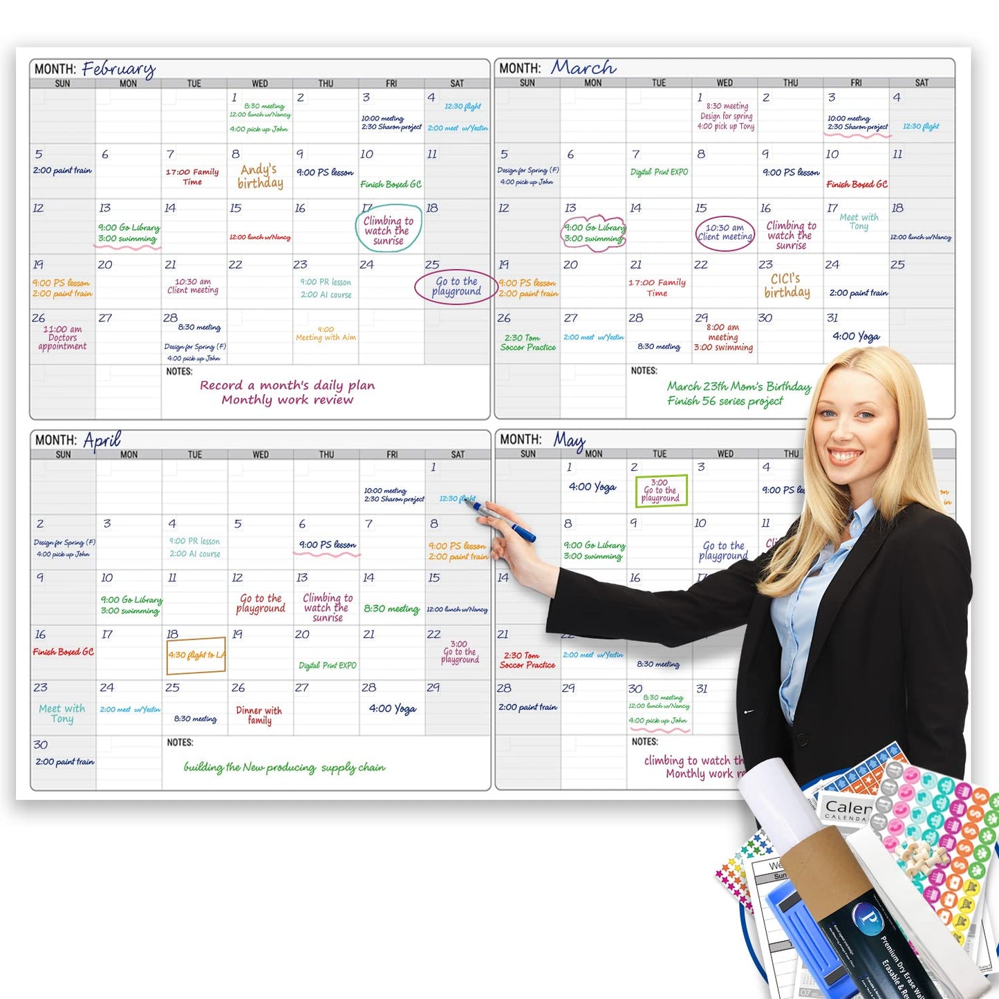 Dry Erase Four Month Laminated jumbo Wall Calendar, 46" x 63", Huge quarterly Laminated Erasable White Board, Giant 120 day Family Whiteboard Schedule Planner, Large Multi Month Reusable Poster - FocusAid Essentials: Empowering ADHD Living