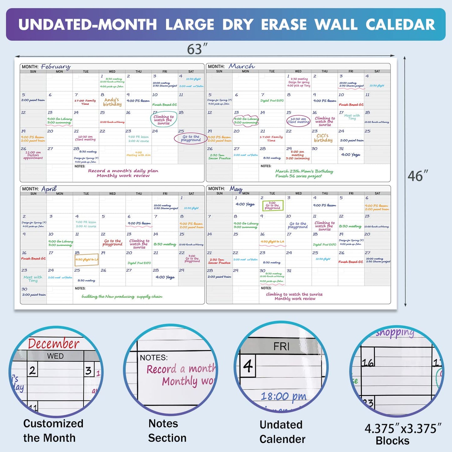 Dry Erase Four Month Laminated jumbo Wall Calendar, 46" x 63", Huge quarterly Laminated Erasable White Board, Giant 120 day Family Whiteboard Schedule Planner, Large Multi Month Reusable Poster - FocusAid Essentials: Empowering ADHD Living