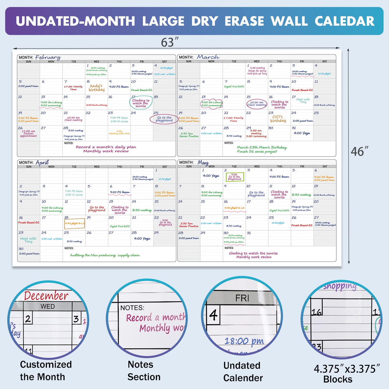 Dry Erase Four Month Laminated jumbo Wall Calendar, 46" x 63", Huge quarterly Laminated Erasable White Board, Giant 120 day Family Whiteboard Schedule Planner, Large Multi Month Reusable Poster - FocusAid Essentials: Empowering ADHD Living