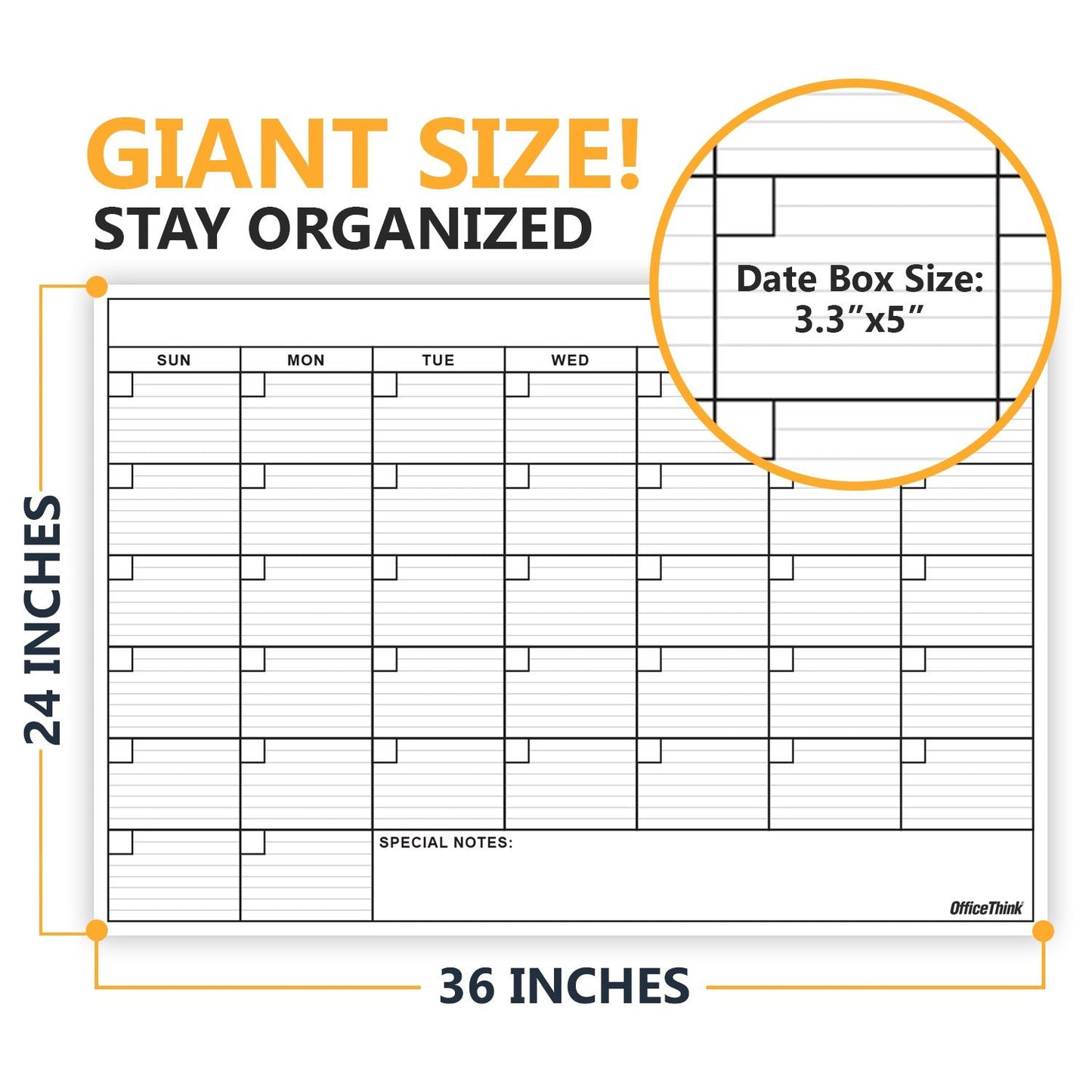 Dry Erase Laminated Jumbo Wall Calendar, Huge 24 - inch by36 - Inch Size, Monthly Planner for Home Office, Classroom, Large Date Boxes, Reusable Film, Never Folded, Includes 5 Markers, 8 Tacks. I Eraser - FocusAid Essentials: Empowering ADHD Living