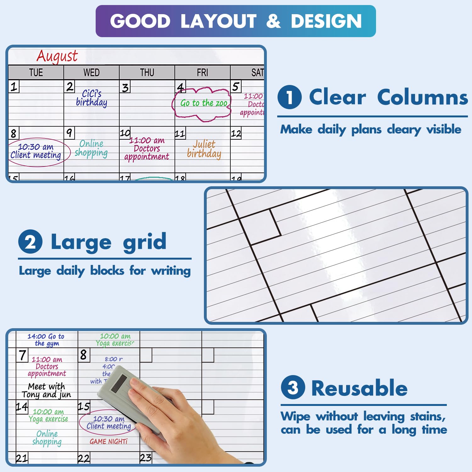 Dry Erase Monthly Extra Large White board Calendar for Wall, 38" by 50", Jumbo Laminated Erasable One Month Whiteboard Calendar, Huge Oversized Blank 30 - Day Poster with Lines and Squares - FocusAid Essentials: Empowering ADHD Living