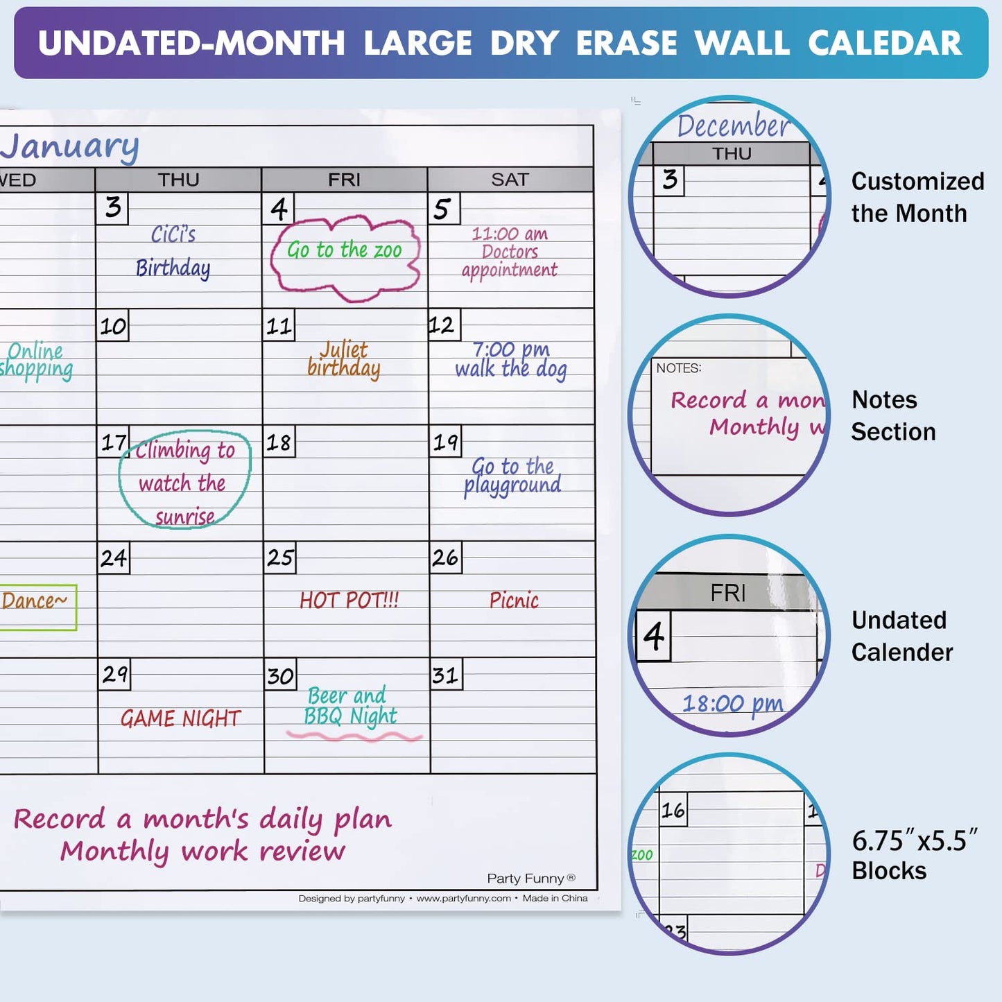 Dry Erase Monthly Extra Large White board Calendar for Wall, 38" by 50", Jumbo Laminated Erasable One Month Whiteboard Calendar, Huge Oversized Blank 30 - Day Poster with Lines and Squares - FocusAid Essentials: Empowering ADHD Living