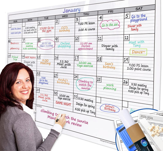 Dry Erase Monthly Extra Large White board Calendar for Wall, 38" by 50", Jumbo Laminated Erasable One Month Whiteboard Calendar, Huge Oversized Blank 30 - Day Poster with Lines and Squares - FocusAid Essentials: Empowering ADHD Living