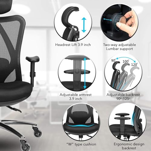 Duramont Ergonomic Office Chair - Adjustable Desk Chair with Lumbar Support and Rollerblade Wheels - High Back Chairs with Breathable Mesh - Thick Seat Cushion, Head, and Arm Rests - Reclines - FocusAid Essentials: Empowering ADHD Living