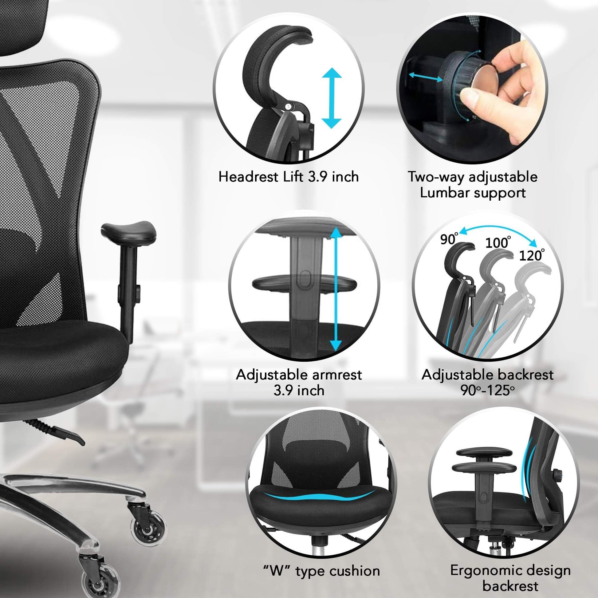 Duramont Ergonomic Office Chair - Adjustable Desk Chair with Lumbar Support and Rollerblade Wheels - High Back Chairs with Breathable Mesh - Thick Seat Cushion, Head, and Arm Rests - Reclines - FocusAid Essentials: Empowering ADHD Living