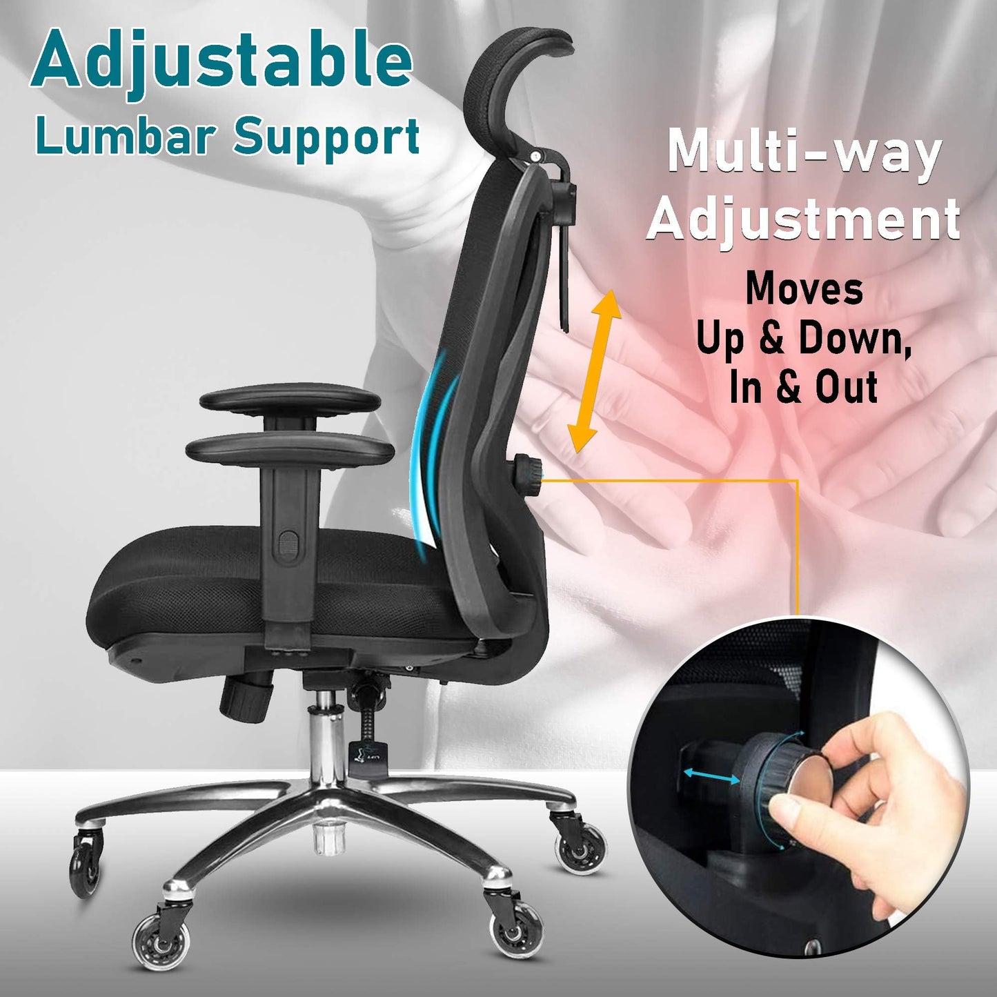 Duramont Ergonomic Office Chair - Adjustable Desk Chair with Lumbar Support and Rollerblade Wheels - High Back Chairs with Breathable Mesh - Thick Seat Cushion, Head, and Arm Rests - Reclines - FocusAid Essentials: Empowering ADHD Living