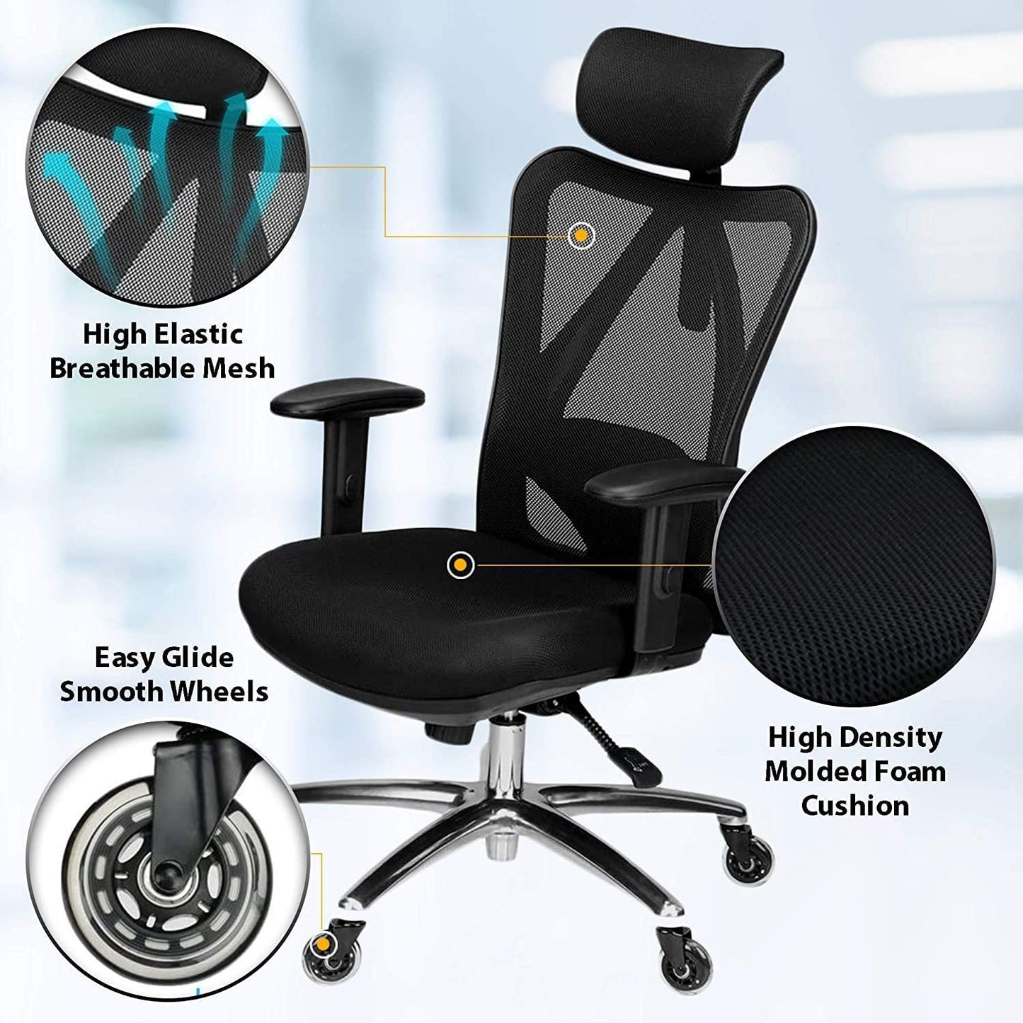 Duramont Ergonomic Office Chair - Adjustable Desk Chair with Lumbar Support and Rollerblade Wheels - High Back Chairs with Breathable Mesh - Thick Seat Cushion, Head, and Arm Rests - Reclines - FocusAid Essentials: Empowering ADHD Living