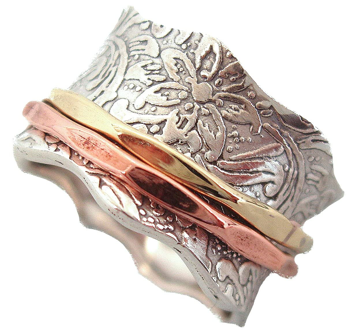 ENERGY STONE 925 Sterling Silver Fidget Ring | Women Spinner Ring | Balance and Beauty | Romantic Exquisite Beauty | Roll Pressed Floral Pattern | Artisan Made | Brass & Copper Spinners | Size 8 - FocusAid Essentials: Empowering ADHD Living