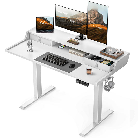 ErGear Electric Standing Desk with Drawers, 48″ x 24″ Gaming Desk with Monitor Stand, C - Clamp Mount Compatible, Home Office Height - Adjustable Desk with Storage Shelf, 4 Preset Heights, White, EGESD36W - FocusAid Essentials: Empowering ADHD Living