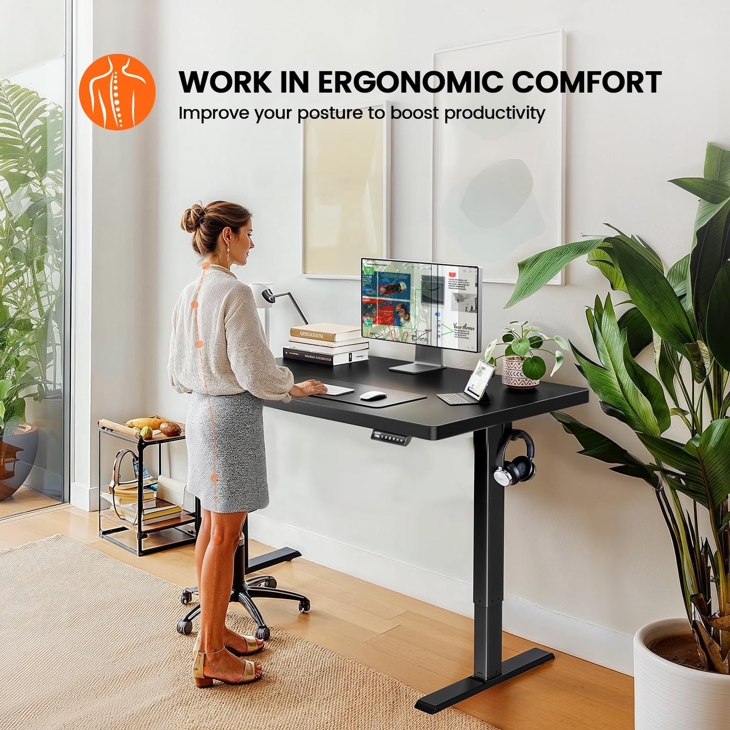 ErGear Whole Piece Standing Desk, 48x30 Inch Thick Adjustable Desk with 4 Height Memory, Electric Sit Stand Desk with Cable Management Tray, Ergonomic Desk for Home Office, Black, EGESD74B - FocusAid Essentials: Empowering ADHD Living